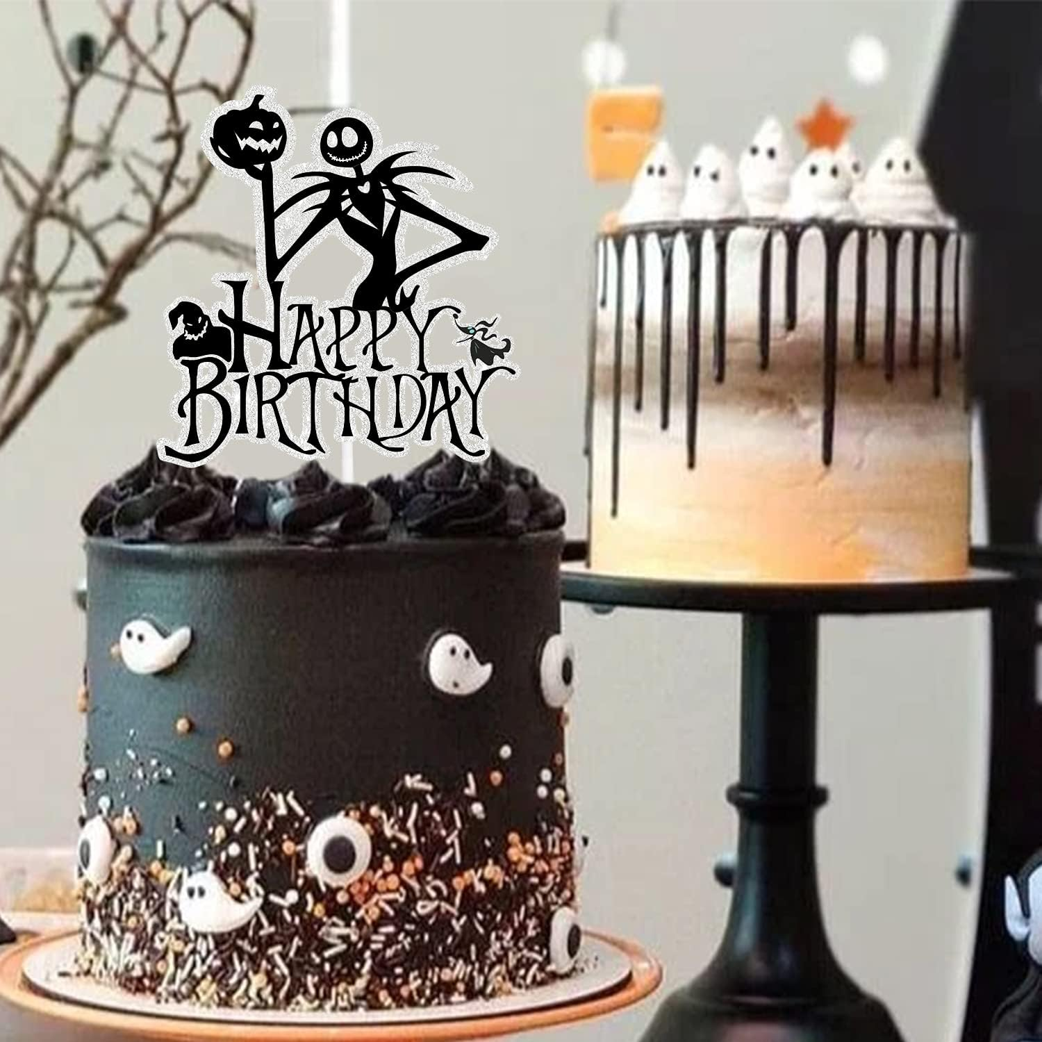 Happy Birthday Cake Topper for Jack and Sally - Glitter Happy Halloween Theme Anniversary Birthday Party Decoration Supplies