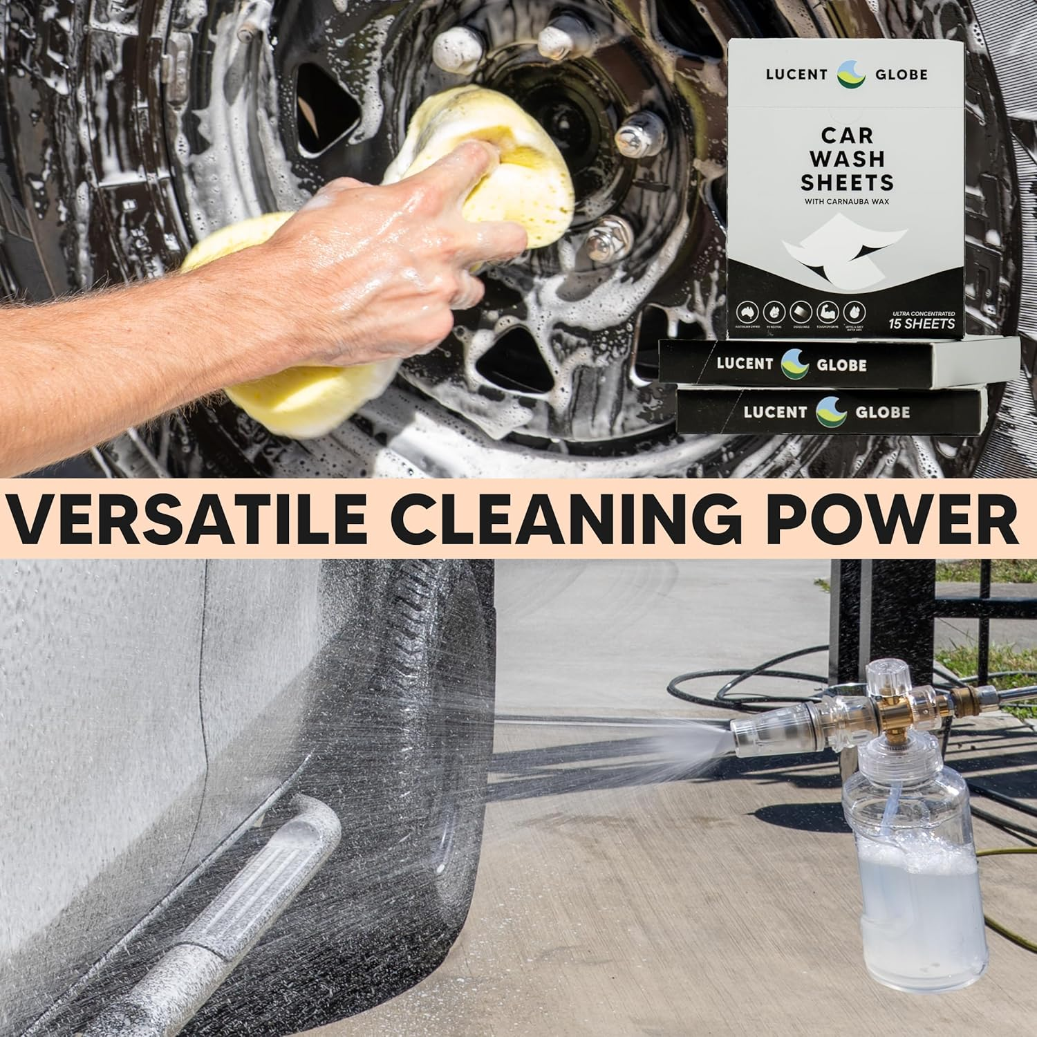 Lucent Globe Car Wash Sheets &ndash; Makes a Liquid. Eco-Friendly, Plastic-Free & Ph Neutral Car Soap | Ultra-Concentrated Biodegradable Wash with Carnauba Wax | No Dyes or Toxic Chemicals (15 Sheets)