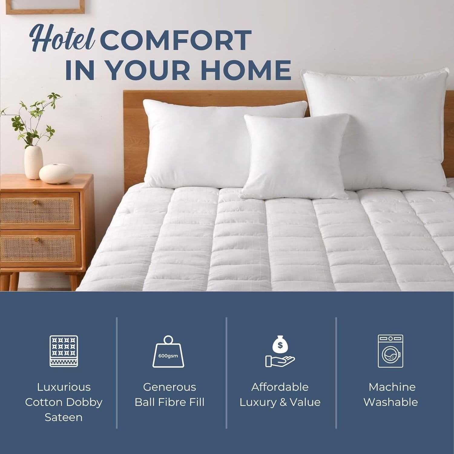 Dreamaker Hotel Collection Mattress Topper, 100% Cotton Dobby Sateen Quilted Cover, 600GSM Memory Resistant Ball Fibre Fill, Fully Fitted Skirt, Treated for Anti-Bacterial Protection - Queen Bed image number 4