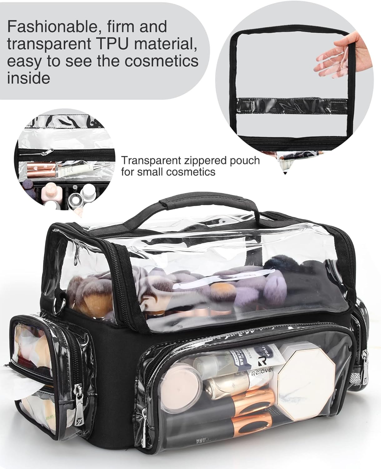 Relavel Makeup Brush Case - Extra Large, Professional Makeup Brush Holder Makeup Artist Travel Case Clear Waterproof Cosmetic Organizer Bag with Adjustable Strap and Dividers, Full Open Easy To image number 2