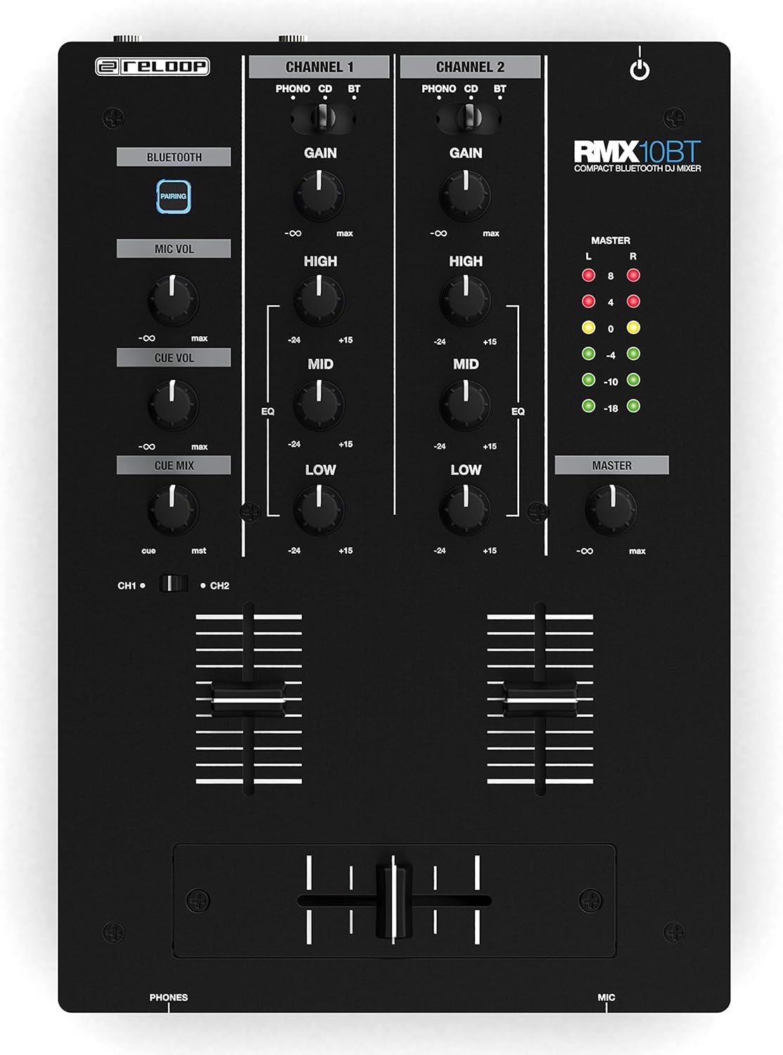 Reloop RMX-10BT 2-Channel DJ Mixer with 3-Band EQ and Bluetooth Input for Wireless Music Streaming from Your Smartphone/Tablet Directly to Your Mixer image number 1