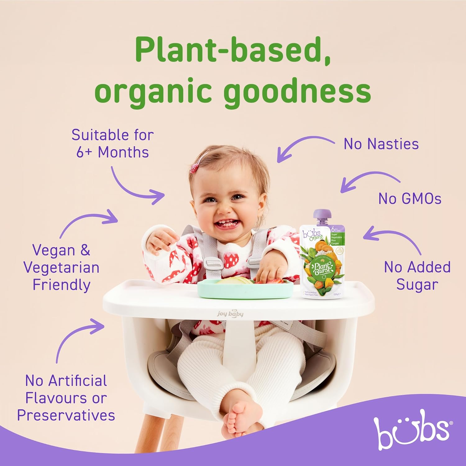 Bubs Organic Super Vegetable Rice Congee Pouch, 6+ Months Baby Food, Veggie Puree Snack, No Added Sugar, 120G (Pack of 3)