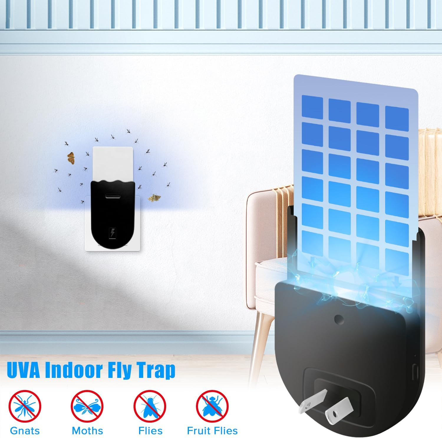 Yakiter 2 Pack Indoor Plug-In Mosquito Killer, Flying Insect Trap for Flies, Fruit Flies, Moths & Gnats, UV Attractant Catcher & with Adjustable Brightness Night Light,10Pcs Adhesive Cards(Black) image number 1