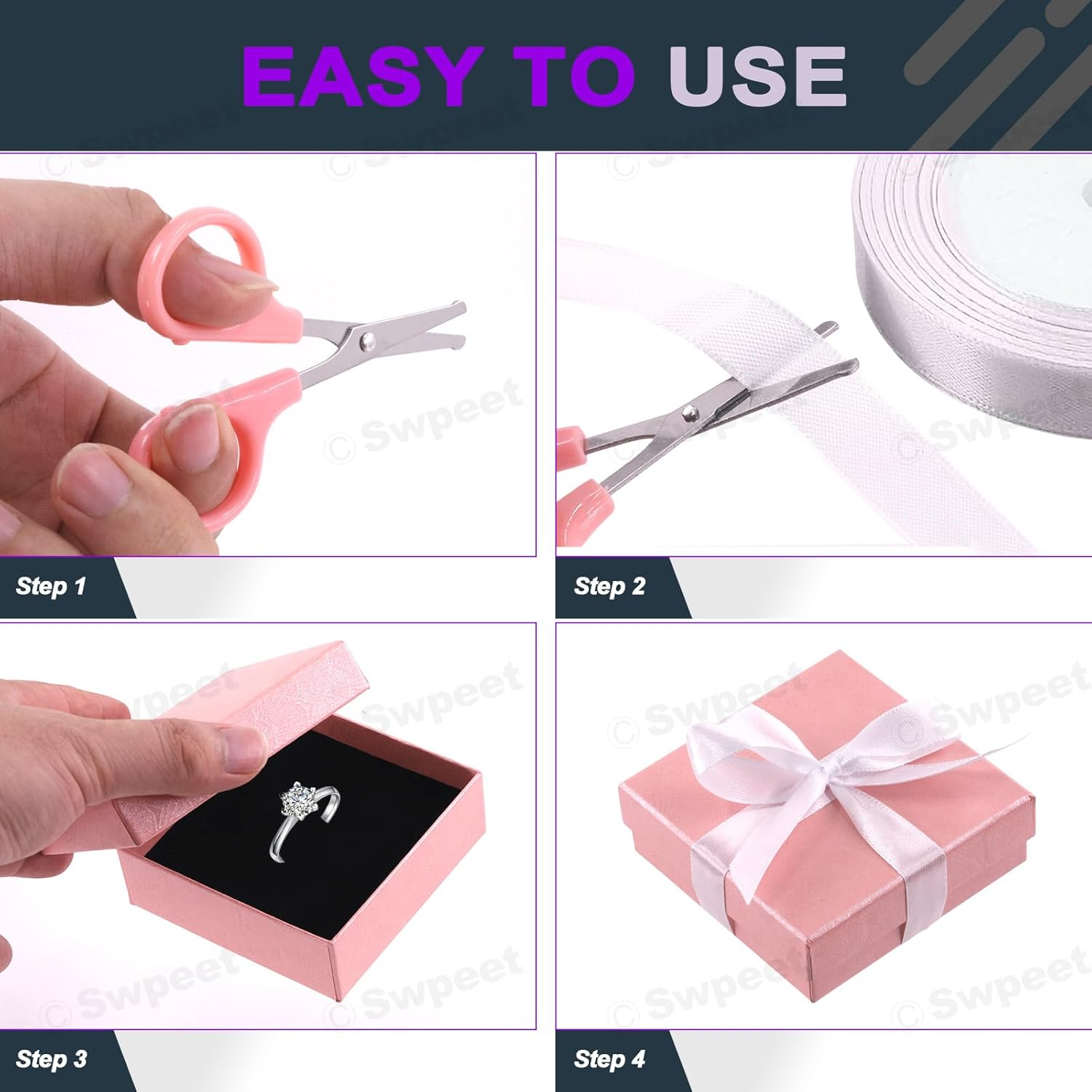 Swpeet 12Pcs Pink 3.5 X 3.5 X 1.2Inch Fan Pattern Cardboard Jewelry Gift Boxes with Scissors and Polyester Ribbon Assortment Kit, Necklace Earring Bracelet Boxes Gift Case for Jewelry Storage - Pink image number 5