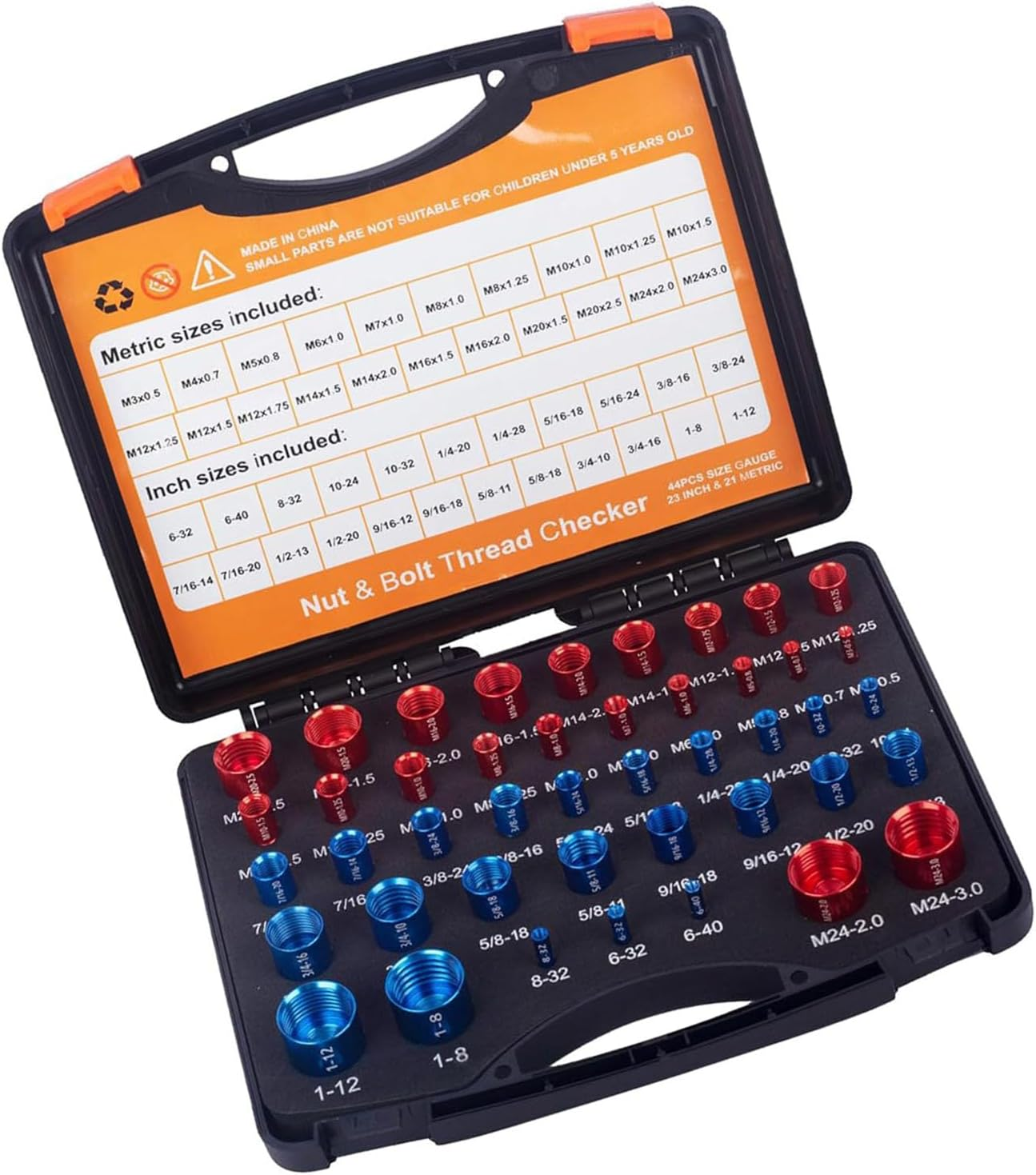 44Pcs Nut and Bolt Thread Checker, Carbon Steel Identifier Thread Gauges Set with Storage Box, Standard SAE and Metric Sizes Individually Assembled Thread for Maintenance image number 1