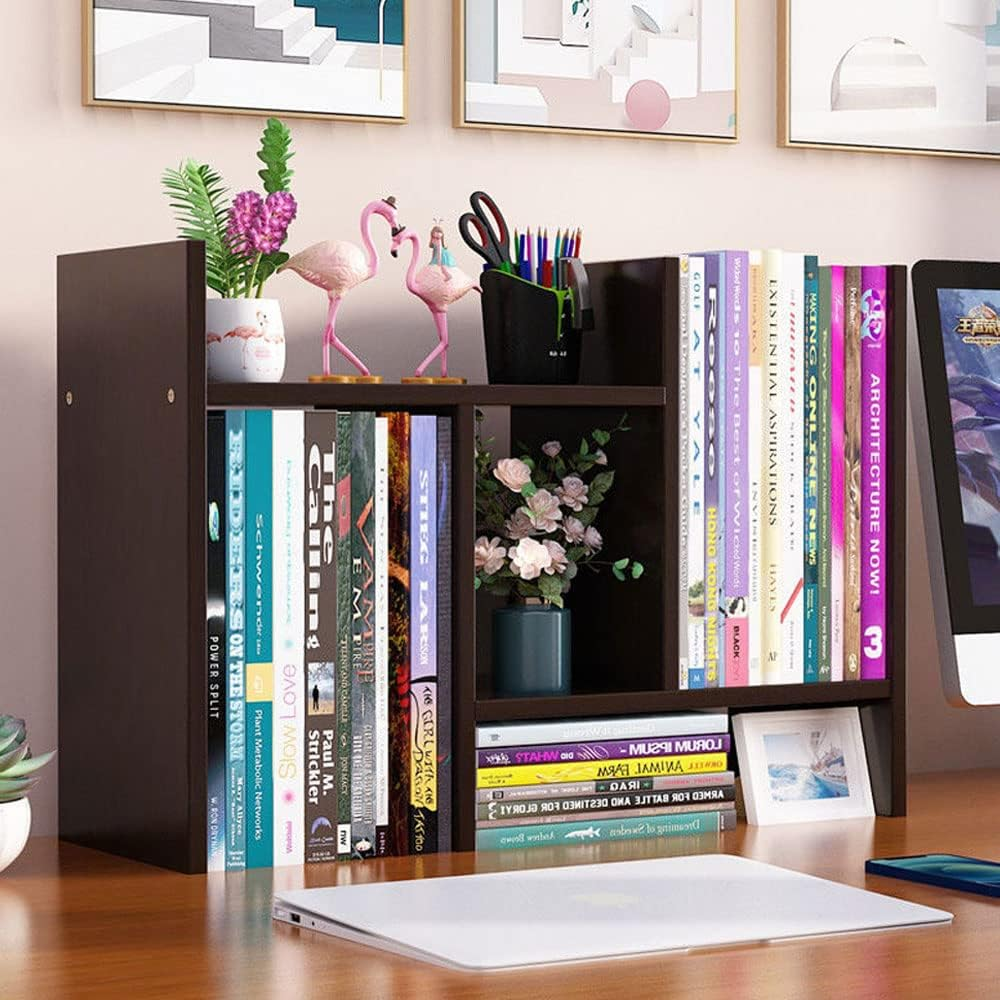 Office Desktop Bookshelf Adjustable Large Wood Display Shelf Desktop Organizer Office Storage Rack Countertop Bookcase Office Supplies Desk Organizer Accessories (Black) - Black image number 3