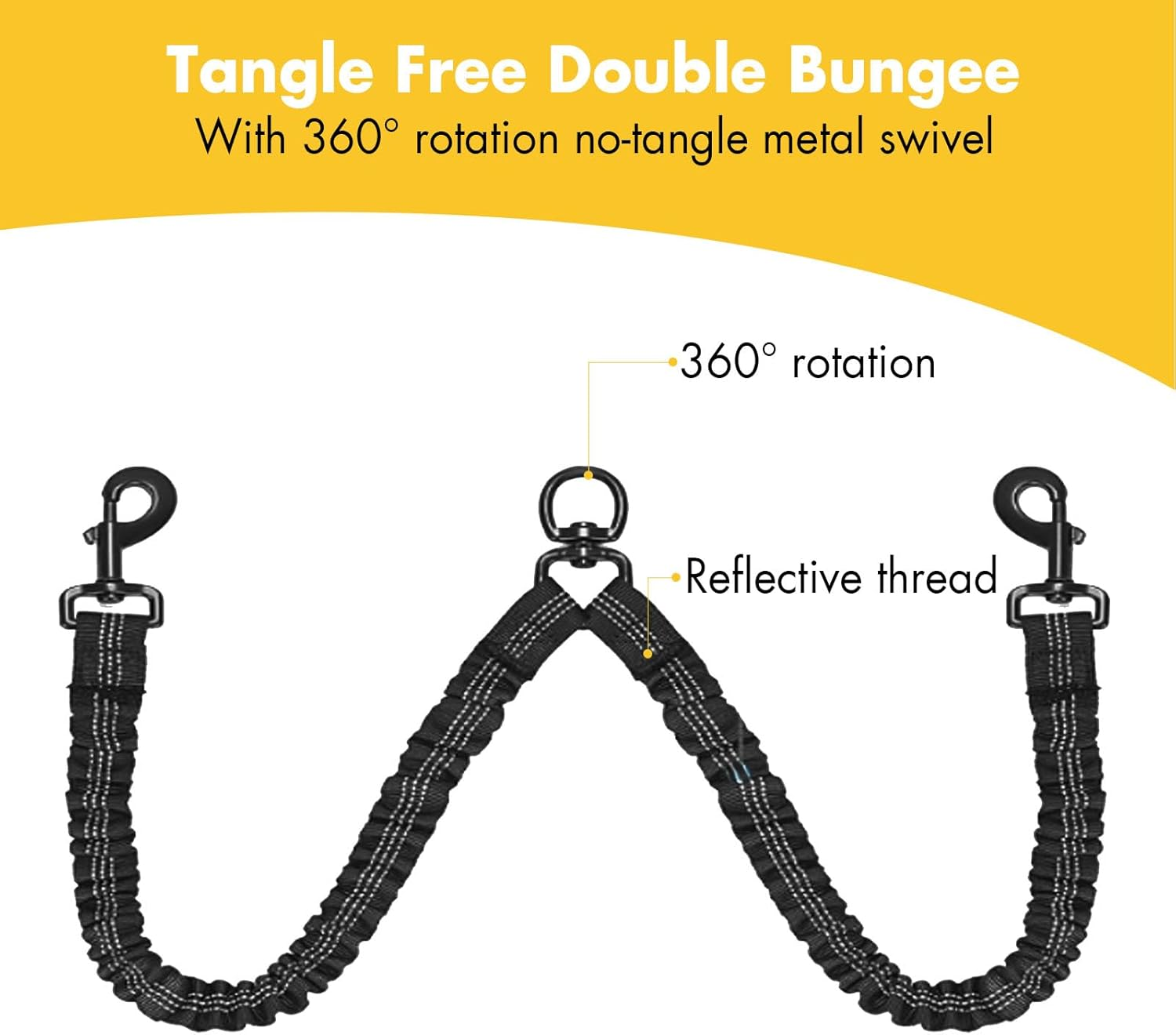 BAOBOTE Pet Double Dog Leash, Shock Absorbing Reflective Bungee Lead Walk 2 Dogs with Ease, 360&deg; Swivel No Tangle Double Dog Walking & Training Leash, Dual Dog Leash for 6-120Lbs Dogs (Black) image number 5