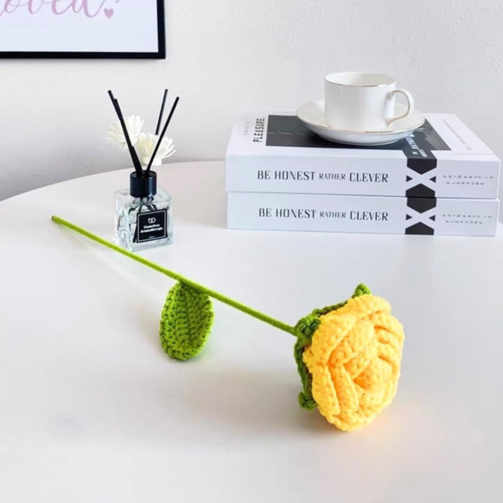 Ozfuns 6 PCS Hand-Woven Roses,Knitting Crochet Flower Bouquet,Crochet Handmade Red Rose Artificial Flowers,Wedding Decor Suitable for Anniversaries Celebrations Birthday Gift (Yellow) image number 4