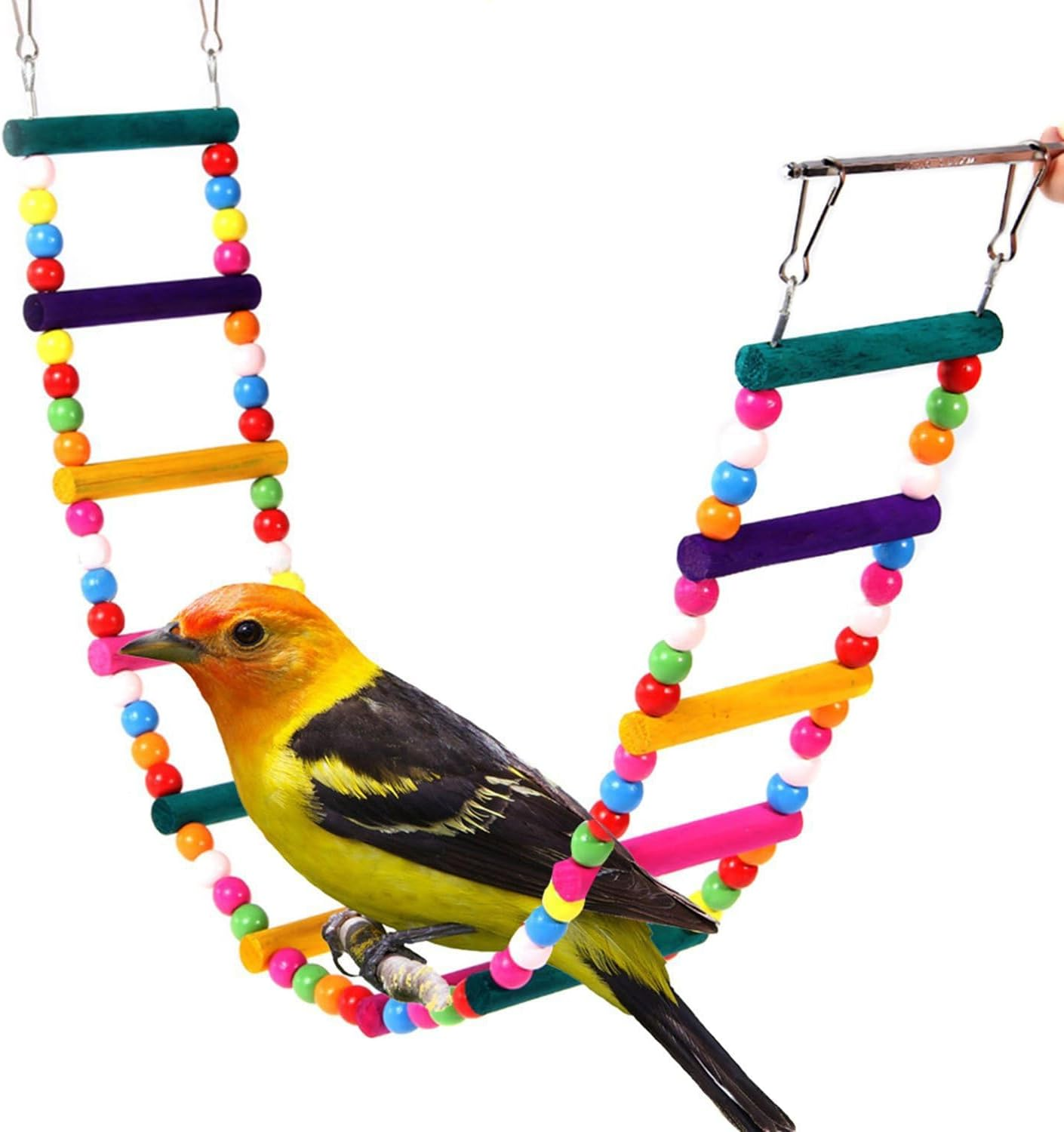 Ksngtixe 1 Pcs 12-Step Wooden Parrot Ladder - Rainbow Bird Climbing Bridge for Chewing & Play, Natural Wood Pet Toy for Hanging/Standing Cage Accessories image number 2