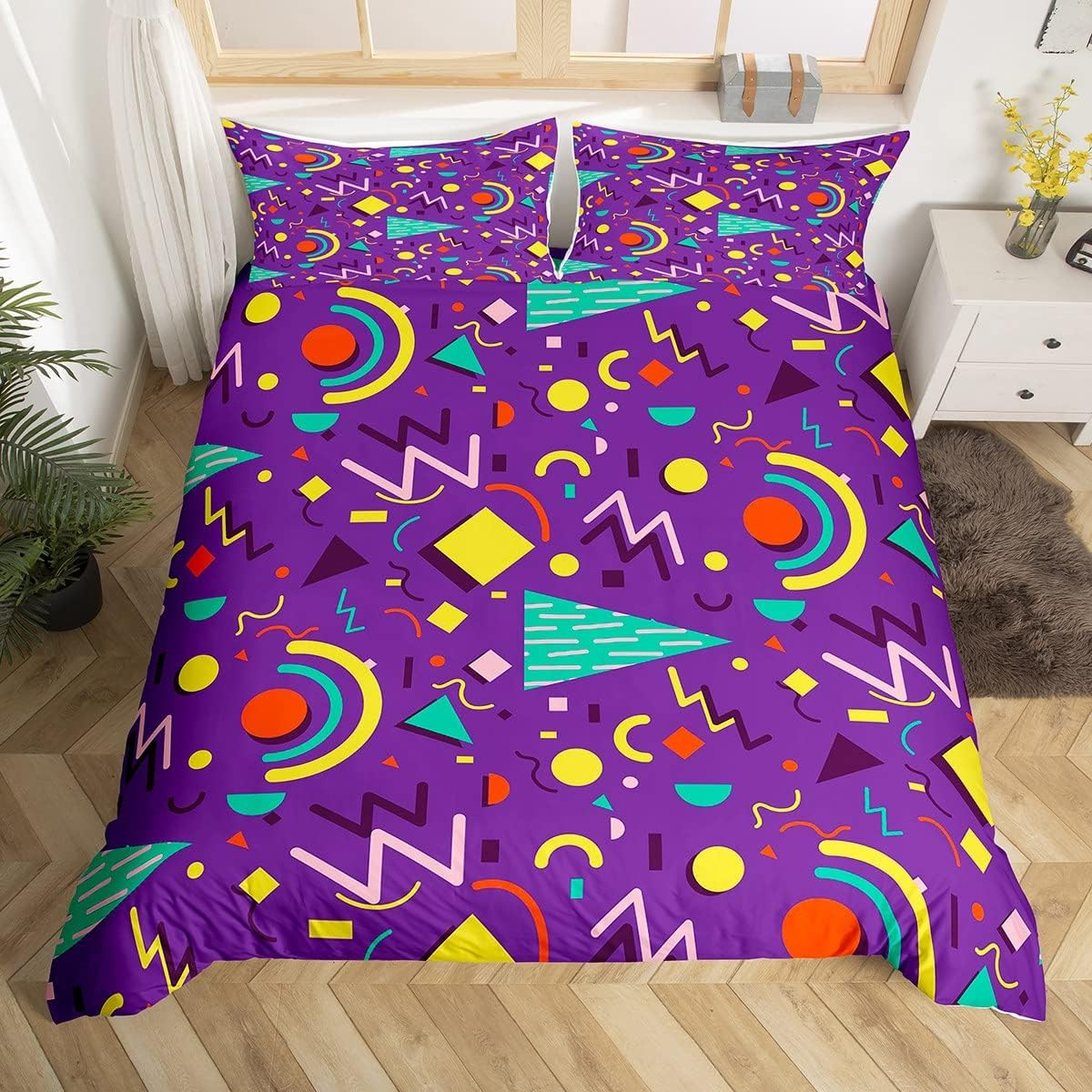 Memphis Duvet Cover Hipster Retro Bedding Set, 80S and 90S Hip Hop Funky Comforter Cover Colourful Pop Art Inspired Pattern 135 X 200 Cm Bed, Watercolour Memphis Geometric 80S Bedroom Decor