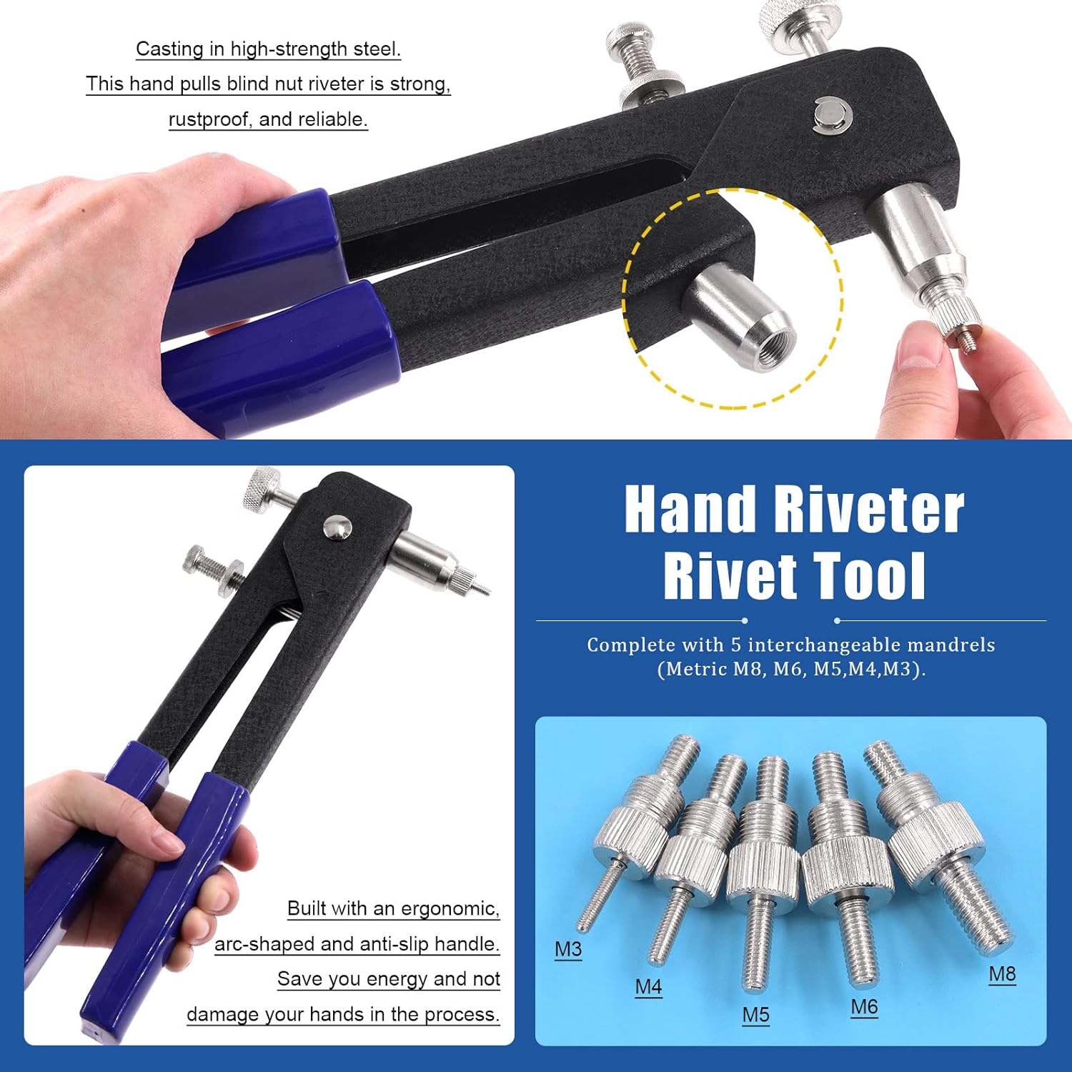 Glarks 156Pcs Rivet Nut Tool with Mandrel and Rivet Nut Kit, Threaded Insert Hand Riveter Nutsert Tool Rivet Gun with 5Pcs Metric Mandrels and 150Pcs Blind Rivet Nuts M3 M4 M5 M6 M8