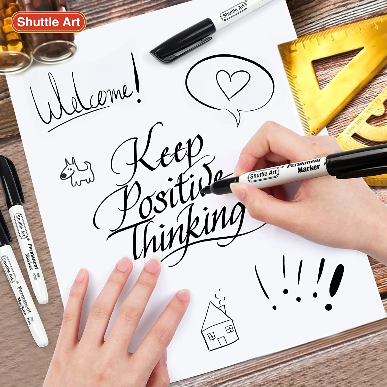 Shuttle Art Permanent Markers, 70 Pack Black Permanent Marker Set,Fine Point, Works on Plastic,Wood,Stone,Metal and Glass for Doodling, Marking image number 6