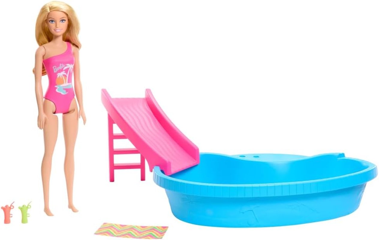 Barbie Doll and Pool Playset, Blonde in Tropical Pink One-Piece Swimsuit with Pool, Slide, Towel and Drink Accessories image number 3
