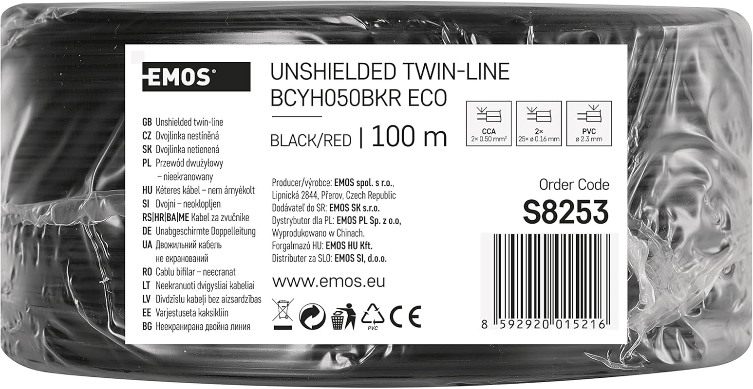 EMOS Copper Cable 2 X 0.5 Mm&sup2;, 100 M CCA Two Wire Cable for Low Voltage, Black with Polarity Marking