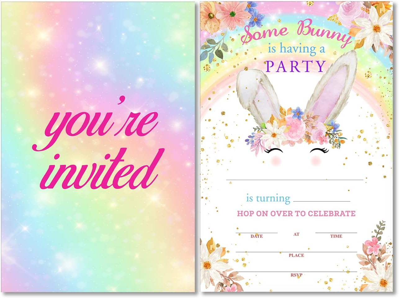 Colorful Rainbow Bunny Birthday Party Invitations with Envelopes Set of 20 Floral Some Bunny Girl Birthday Party Invites