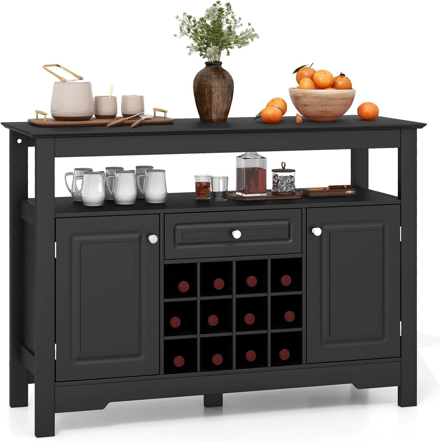 Costway Buffet Sideboard, Wine Liquor Coffee Bar Cabinet W/Removable Wine Rack, Floor Pantry Cupboard W/ 2 Doors & Drawer, Multipurpose Storage Cabinet TV Stand for Kitchen, Dining Room (Black)