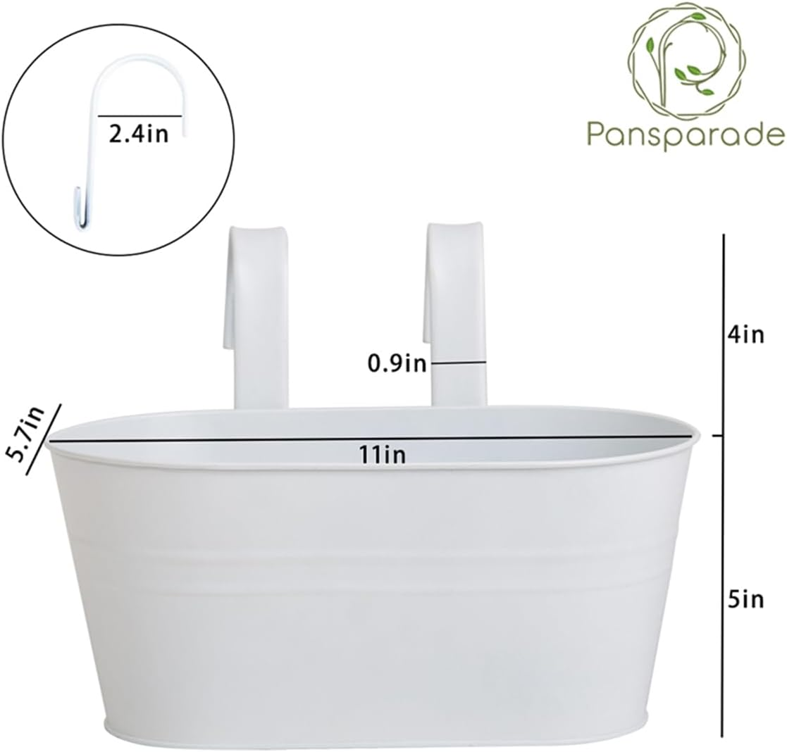 3 Pcs Pearl White Metal Hanging Flower Pots for Railing Fence, Outdoor Planter Window Flower Planter with Removable Hook&Gardening Gloves Drainage Holes for Home Decor image number 4