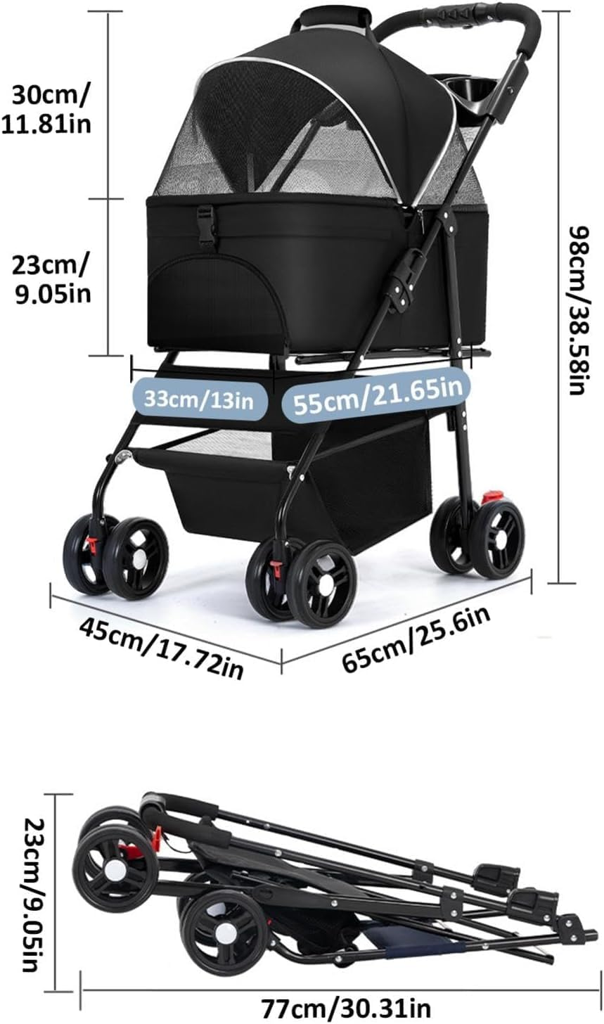 MINYII Pet Stroller Premium 3-In-1 Multifunction Jogger Stroller for Medium Small Dogs Cats Folding Lightweight for Travel with Detachable Carrier,98X65X45Cm Portable Pet Stroller for Injured Pet Gift (Black) - Blue image number 2