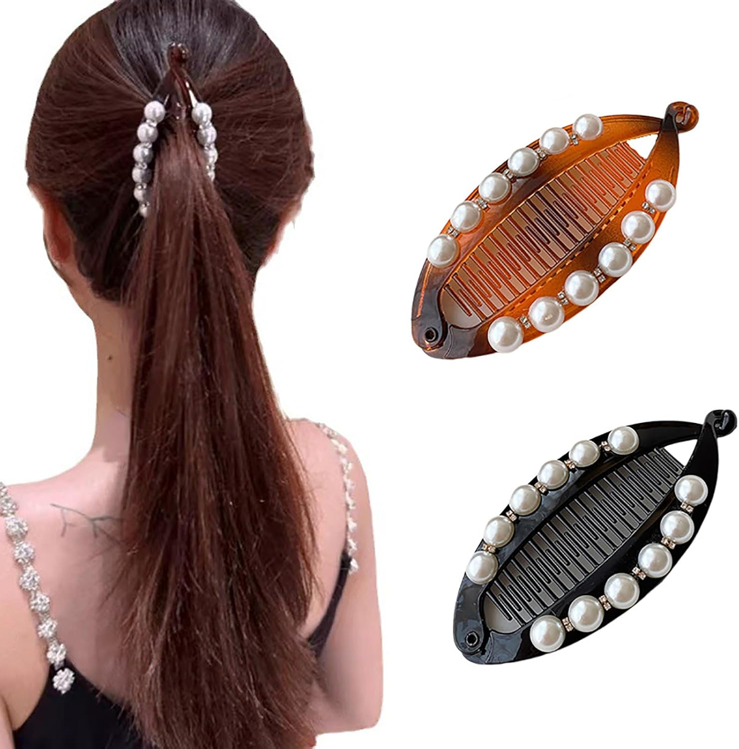 2PCS Pearl Rhinestone French Banana Clip Ponytail Vertical Clip Fishtail Clip Grips Clamp Headwear Styling Hair Accessories for Women Teen Girls Black Hair Clips for Women Girls image number 2