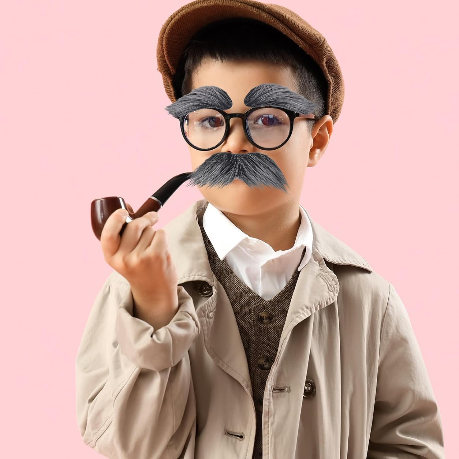 Degpum Old Man Costume for 100 Day of School Grandpa Costume Accessories Glasses with Gray Stick on Fake Mustache & Eyebrows Halloween Costume Set image number 1
