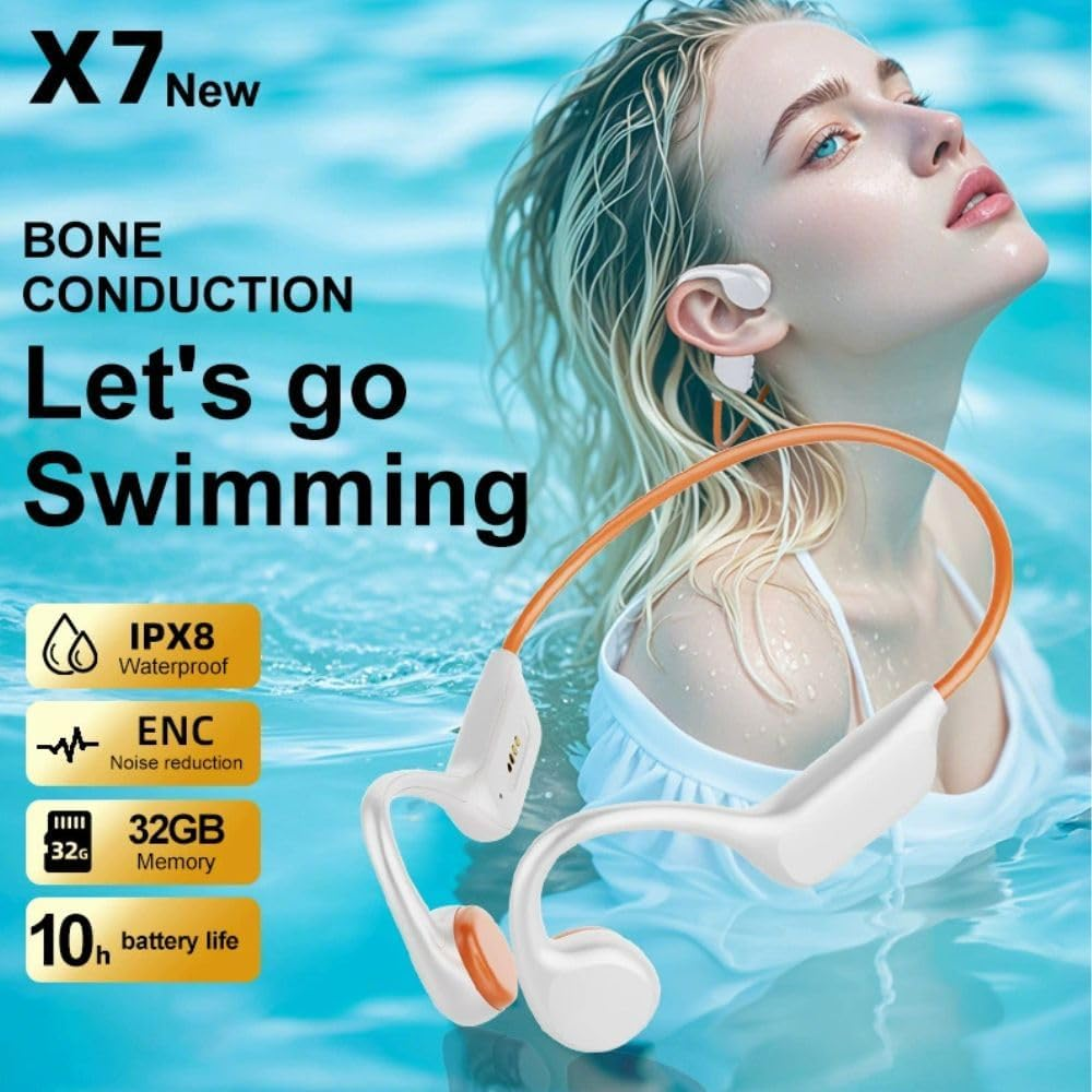 Bone Conduction Headphones, 32GB Memory Bluetooth Swimming Earphones with Luminous Breathing Lamp IPX8 Waterproof Headphone for Swimming, Running, Riding, White/Orange image number 6