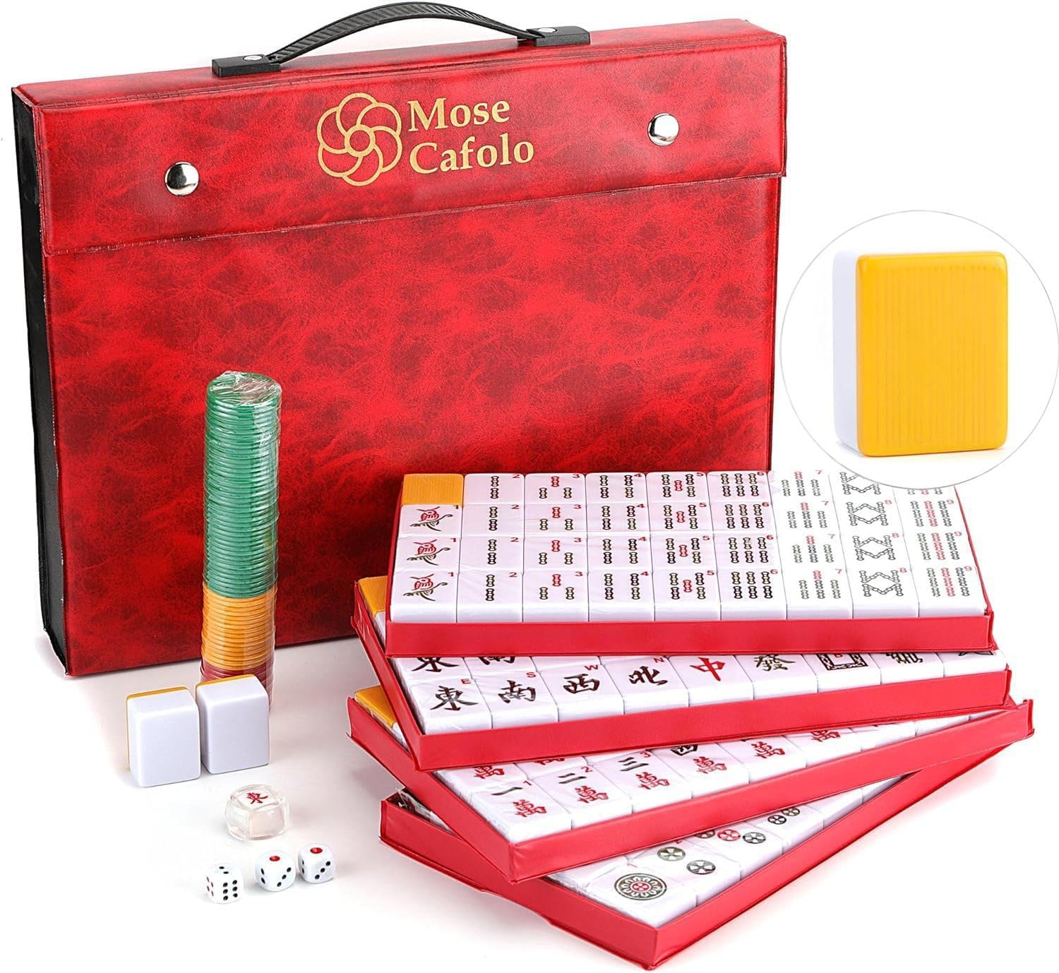 Mose Cafolo Professional Chinese Mahjong Set 144 Numbered Melamine Large Size Tile with Carrying Travel Case, English Instraction, Complete Mahjong Game Set (Majiang, Mah-Jongg, Maj Jongg, Ma Jong)