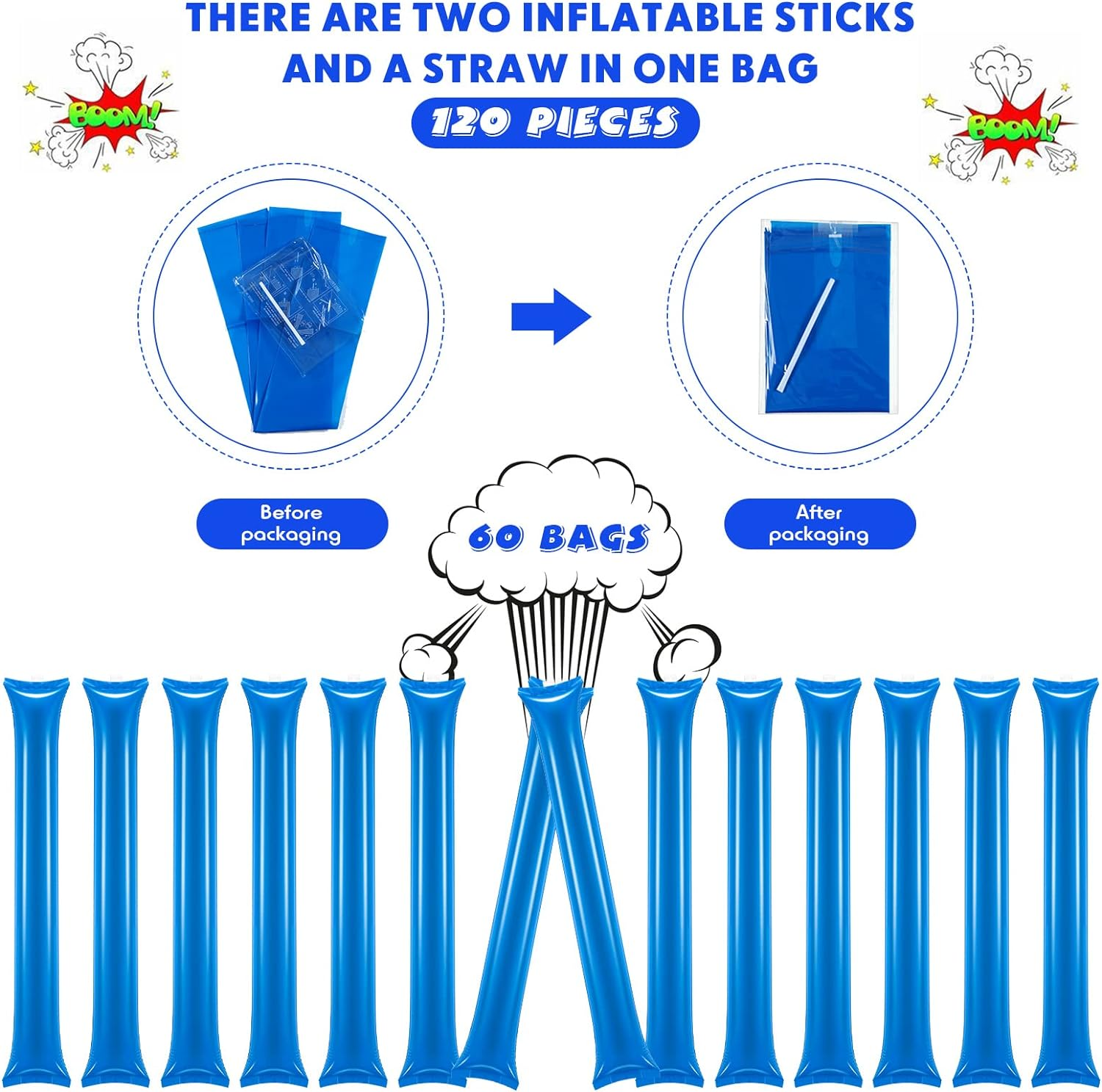 120 Pcs Thunder Sticks Thicken Bam Bam Plastic Cheering Sticks Inflatable Noise Makers for Sporting Events Team Spirit Cheerleading Stick for Sporting Cheers Basketball Football Dance Party - Red image number 3