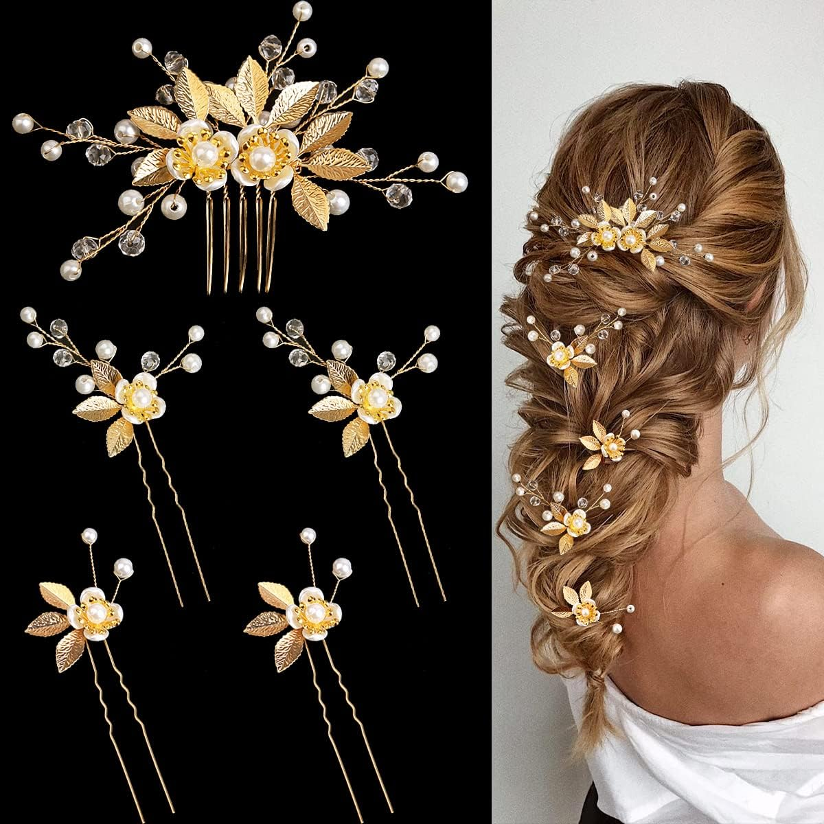 5 Pieces Gold Leaf Hair Pins Flower Pearl Hair Forks Bridal Hair Clips Headpiece Vintage Wedding Hair Accessories for Women Girls Brides Bridesmaids Flower Girls(Classic) image number 2