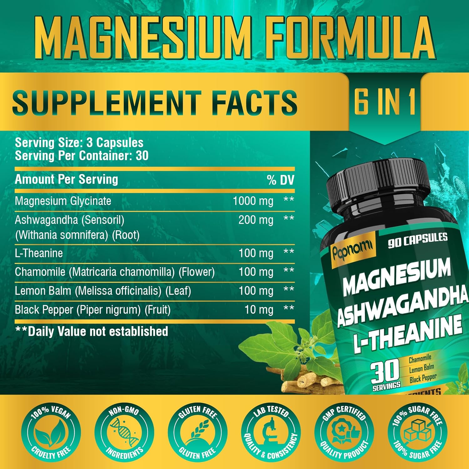 Magnesium Glycinate & Ashwagandha Supplements | Blended with L-Theanine, Chamomile, Lemon Balm, and Black Pepper | 90 Count image number 6