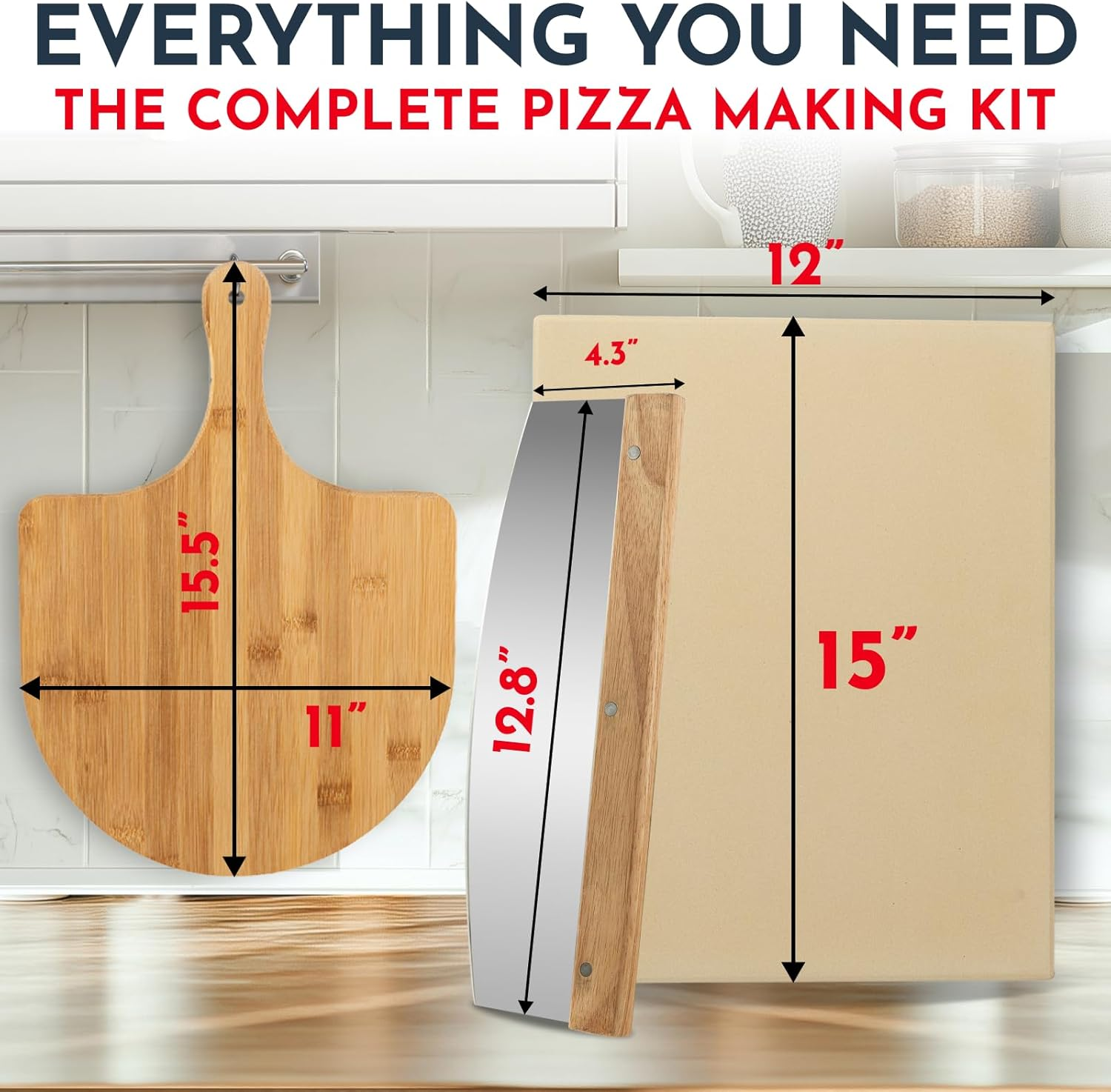 Culinary Couture Rectangular Cordierite Pizza Stone - 15X12 Inches - Beige - 3PCS Set with Wooden Peel - Baking Stone for Pizzas & Bread image number 4