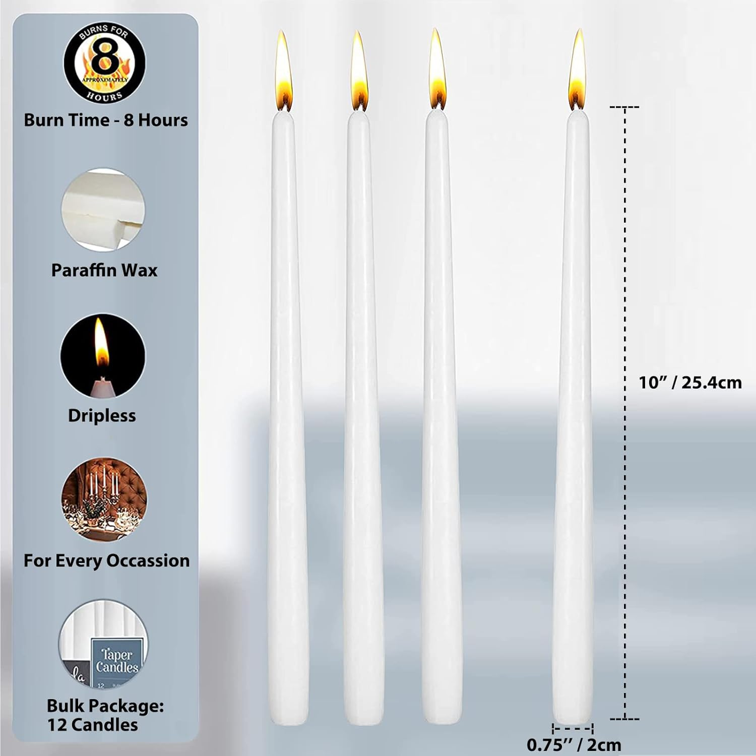 14 Pack White Taper Candles, 10 Inch White Dripless, Unscented Dinner Candle, Smokeless Taper Candles, Paraffin Wax with Cotton Wicks, 8 Hours Burn Time - 14Pack White image number 6