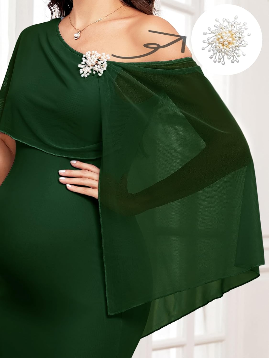 Cape Maternity Mesh Dress One Shoulder Maxi Mermaid Pregnancy Dress with Brooch Formal Baby Shower Photoshoot image number 6