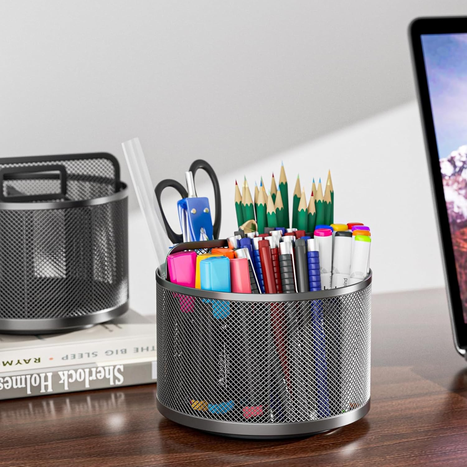 360-Degree Rotating Metal Desk Pencil Holder, 5-Slot Office Pen Cup Organizer for School, Home (Square) image number 4
