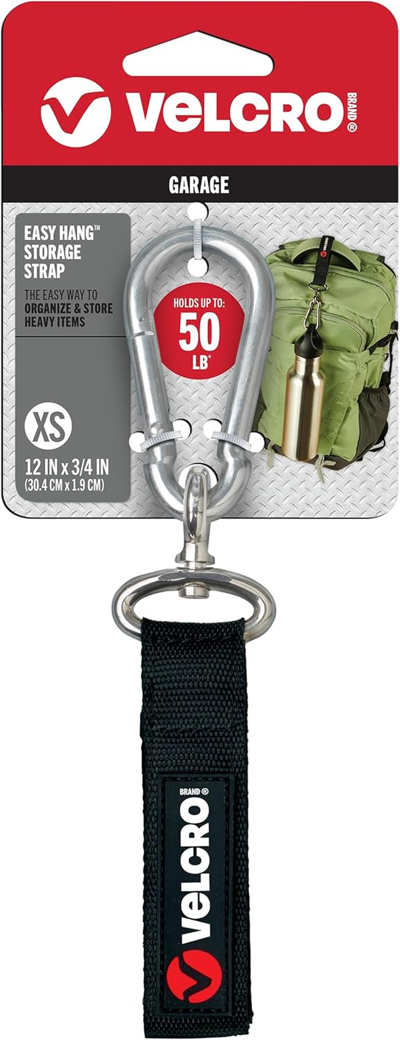 VELCRO Brand VEL-30196-USA Easy Hang Strap with Carabiner Clip Attach Water Bottles and Accessories to Bikes, Bags and More. Organization for Garden, Shed, RV. Extra Small-1Pk, Black image number 2