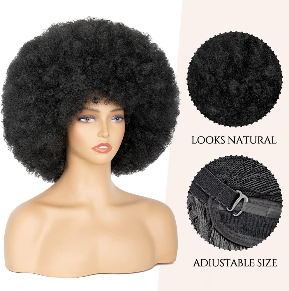 Aminow 70'S Afro Wig for Women, Natural Black Short Afro Curly Wig, Glueless Synthetic Wig with Bangs, Puffy & Fluffy Bouncy Afro Wig for Daily Cosplay Party