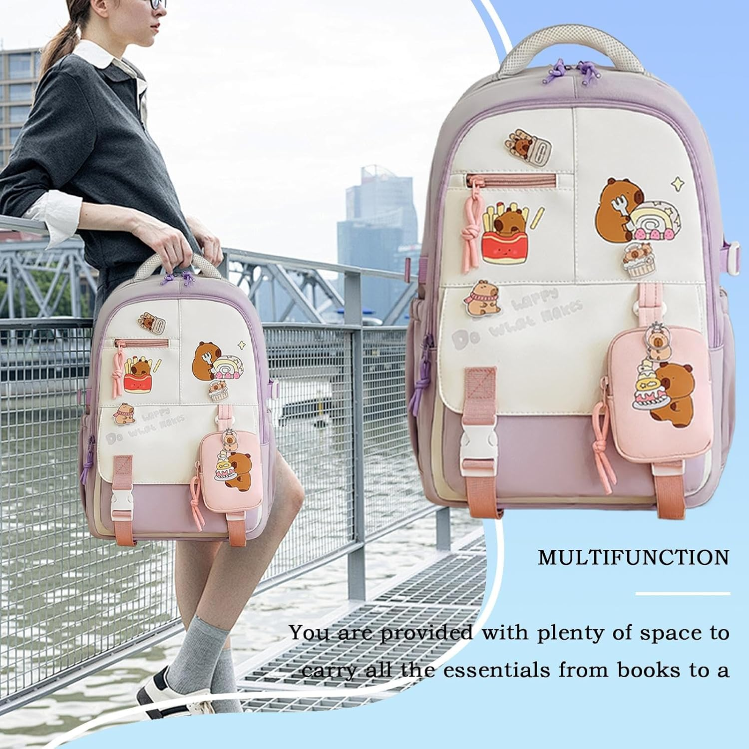 Gupcaqosjw Capybara Backpack for Girls - Cute Cartoon Kids Travel Back Pack for Girls,Stylish Schoolbag with Adjustable Straps for School Travel Outing Beach Weekend Trip - Khaki image number 6