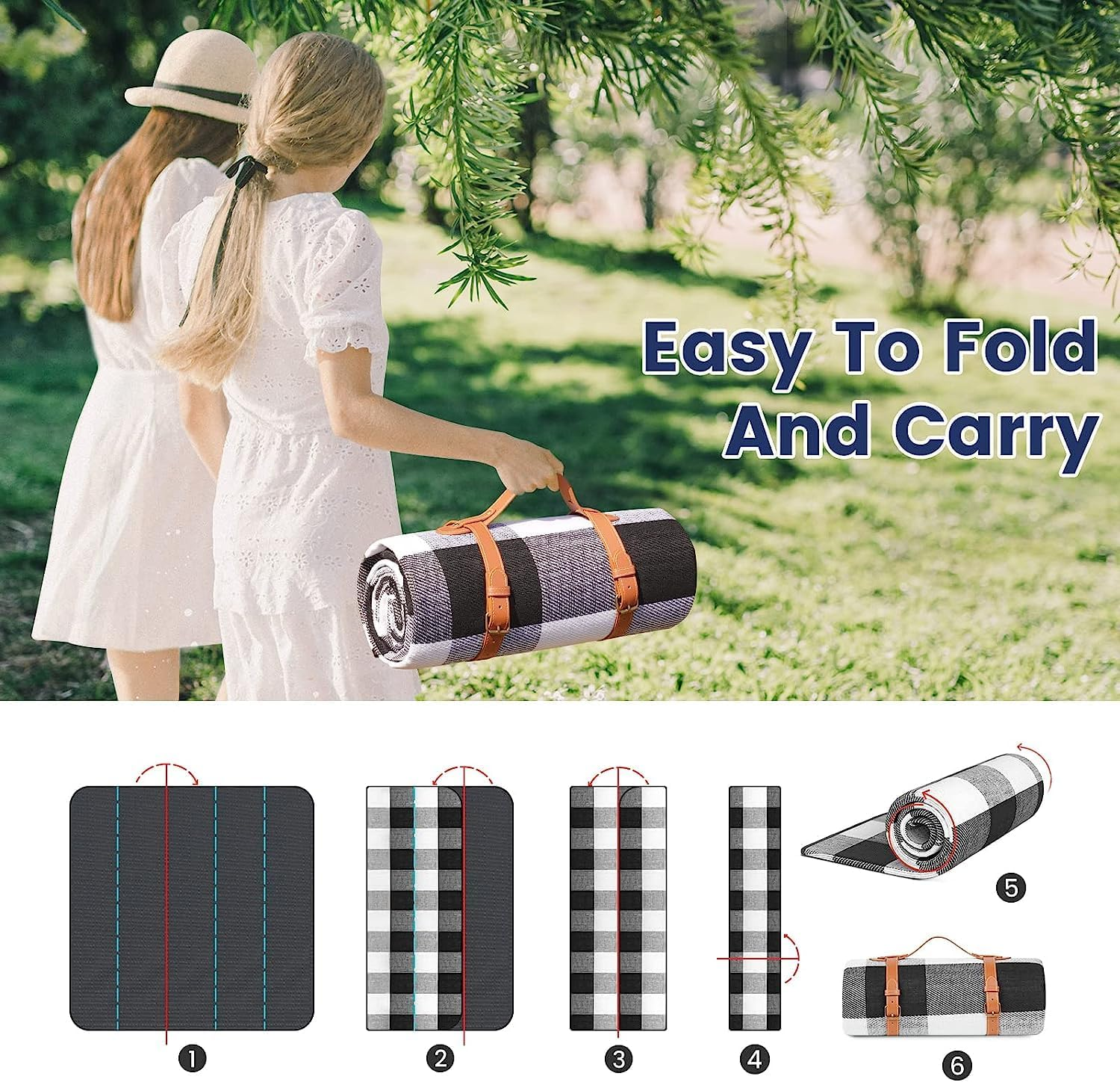 Waterproof Picnic Blanket Portable with Carry Strap, 200X200Cm Extra Large Foldable Compact Beach Blanket for Spring Summer Camping, Park, Travel Grass image number 3