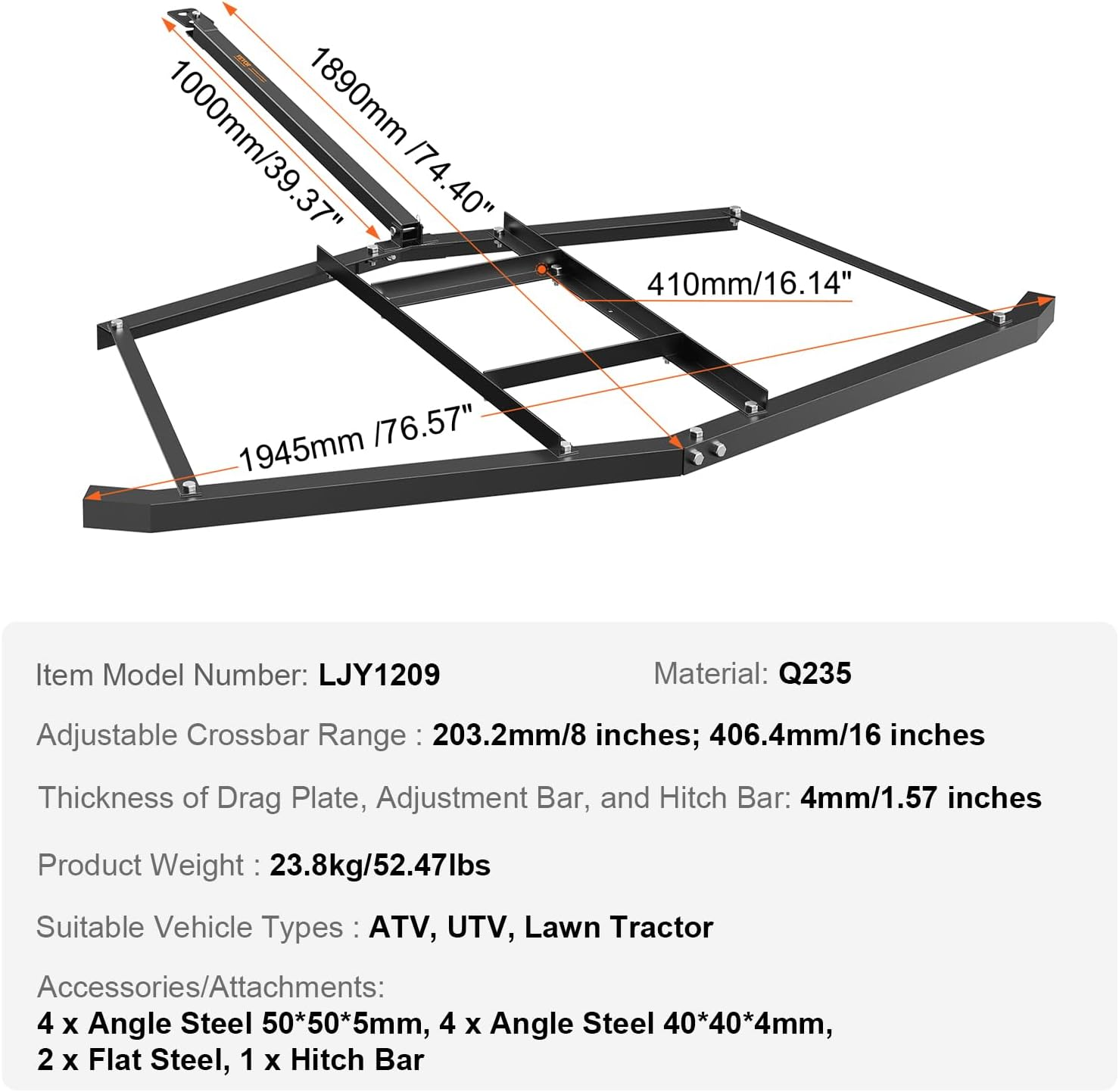 VEVOR Driveway Drag, 76.57" Width Tow behind Drag Harrow, Q235 Steel Driveway Grader with Adjustable Bars, Support up to 50 Lbs, Driveway Tractor Harrow for Atvs, Utvs, Garden Lawn Tractors image number 3