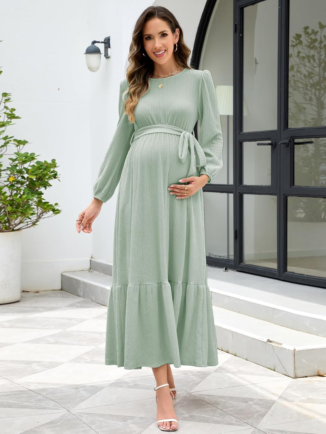 Women'S Maternity Maxi Dress with Belt Long Sleeve Crew Neck Pregnancy Dresses with Pockets Baby Shower Photoshoot image number 3