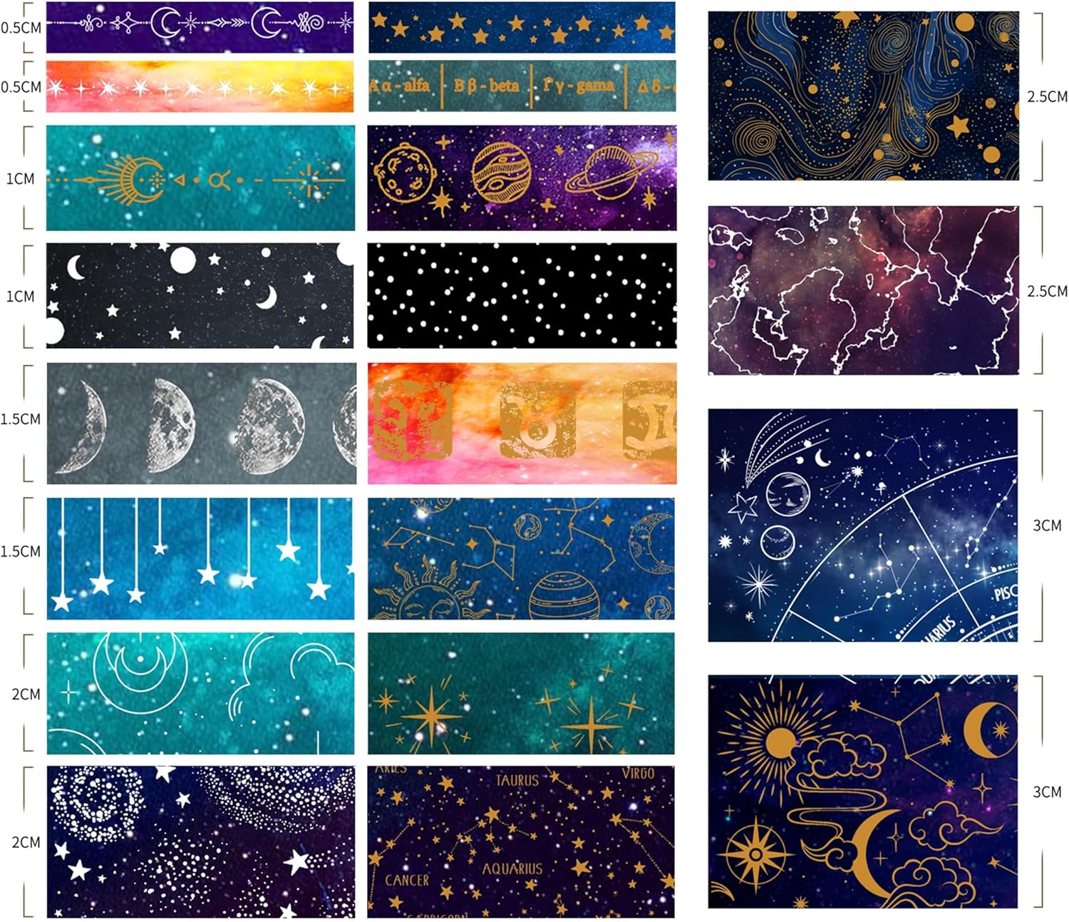 KAVI' S 20 Rolls Galaxy Washi Tape Set Stars Arts Adhesive Tapes Gold Silver Foil Decorative Masking Tape Sets for Craft, Kids, Scrapbook, DIY, Gift Wrapping image number 4