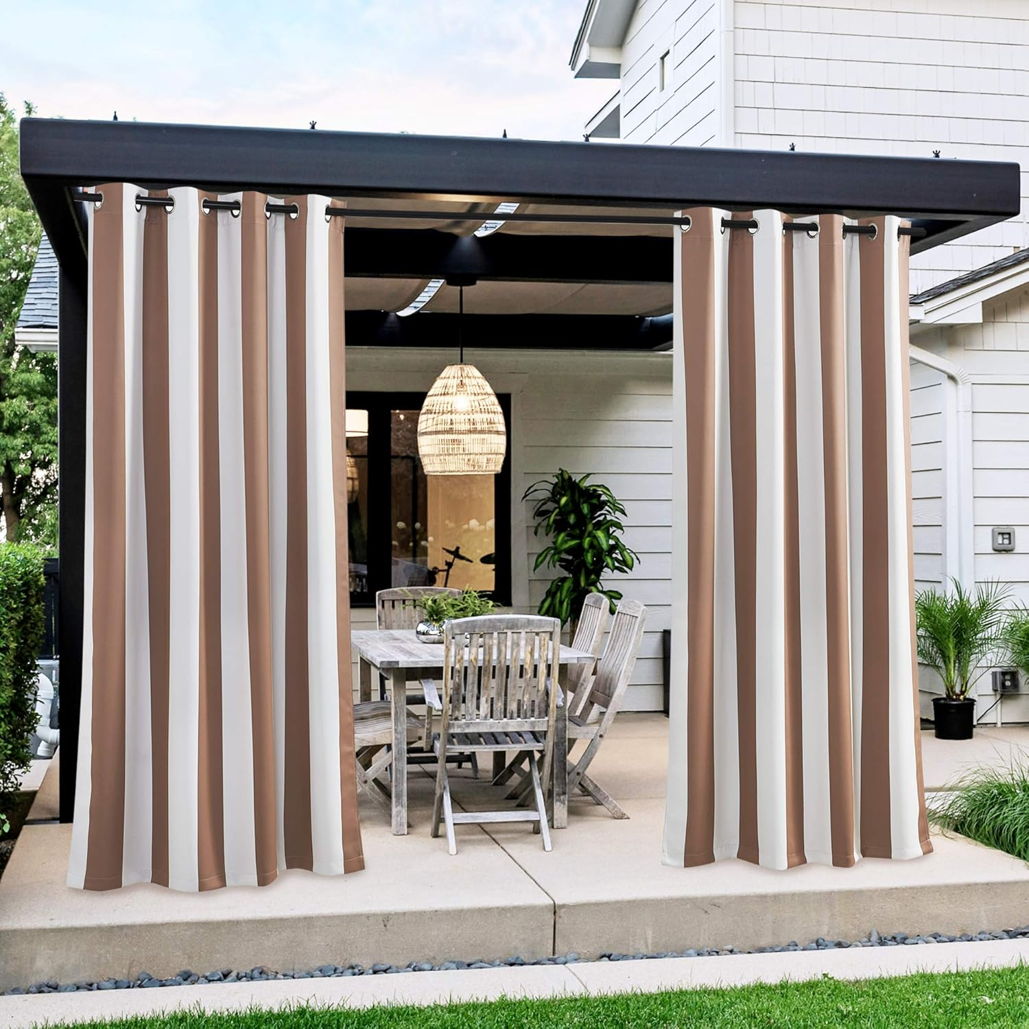 NICETOWN 2 Panels Stripe Outdoor Curtains for Patio Waterproof, Thermal Insulated Stainless Steel Grommet Room Darkening Indoor Outdoor Drapes Light Block for Pool, W52 X L108, Biscotti & White