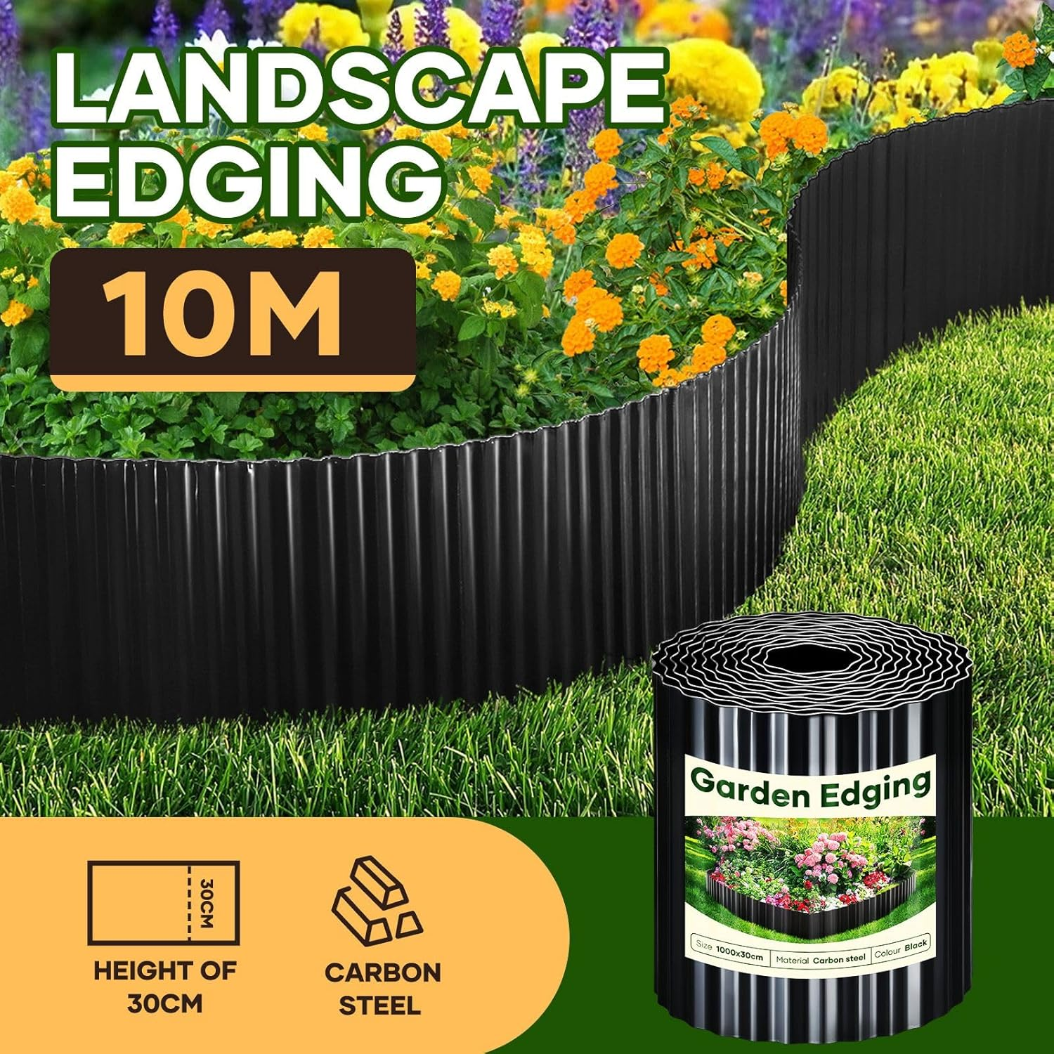 OGL Garden Edging Landscape Edge 10Mx30Cm DIY Lawn Border for Flower Plant Grass Path Fence Flexible Corrugated UV Resistant Carbon Steel Roll Kit,Black - 20Mx30Cm image number 2