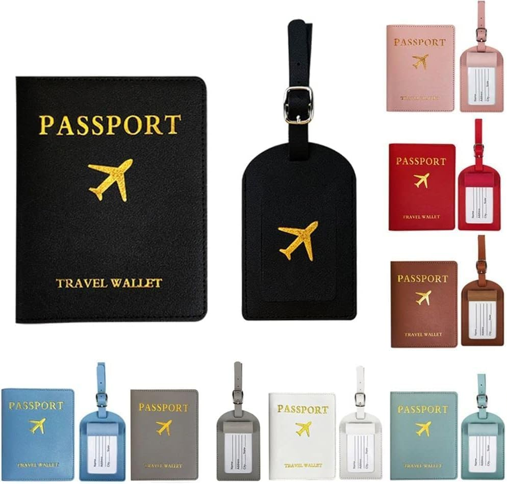 House of Quirk Luggage Tag and Passport Protector Set, Plane Pouch Passport Suitcase Identification Leather Tag Luggage Tags for Children School Bag (Brown)