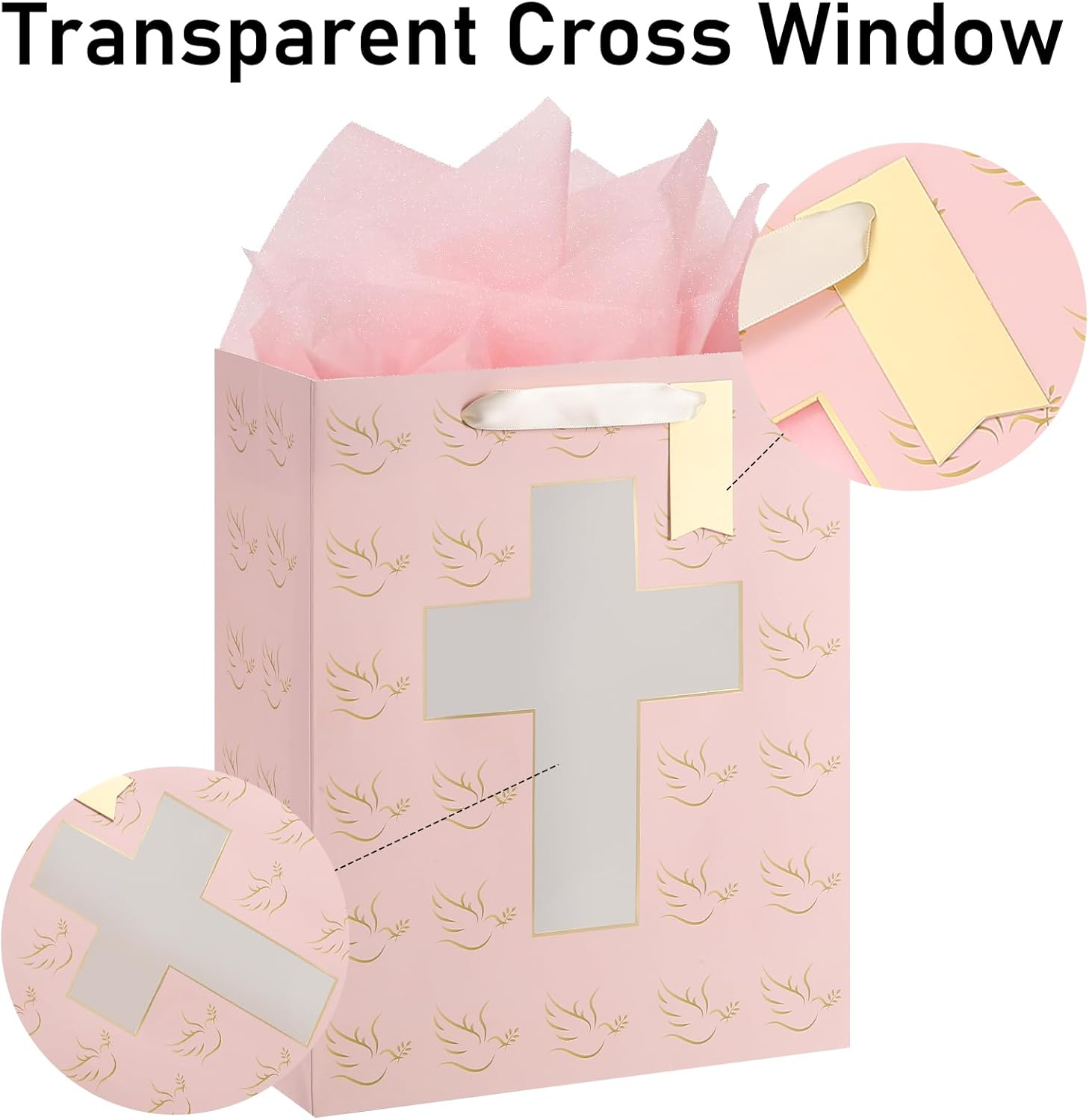 Sawnfay Pink Gift Bag - 25.3 X 12.7 X 33Cm, Baptism Gifts for Baby Girl, Christening, First Communion, Religious Events, with Cross Cut Window Design and Tissue Paper image number 1