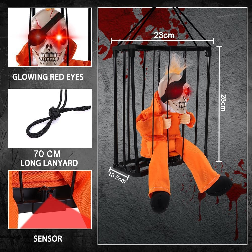 Screaming Animated Halloween Decorations, Halloween Decor Prop with Motion Sensor, Scary Skull Cage Prisoner Haunted House Decor, Spooky Hanging Ghost Eyes Glow Decorations