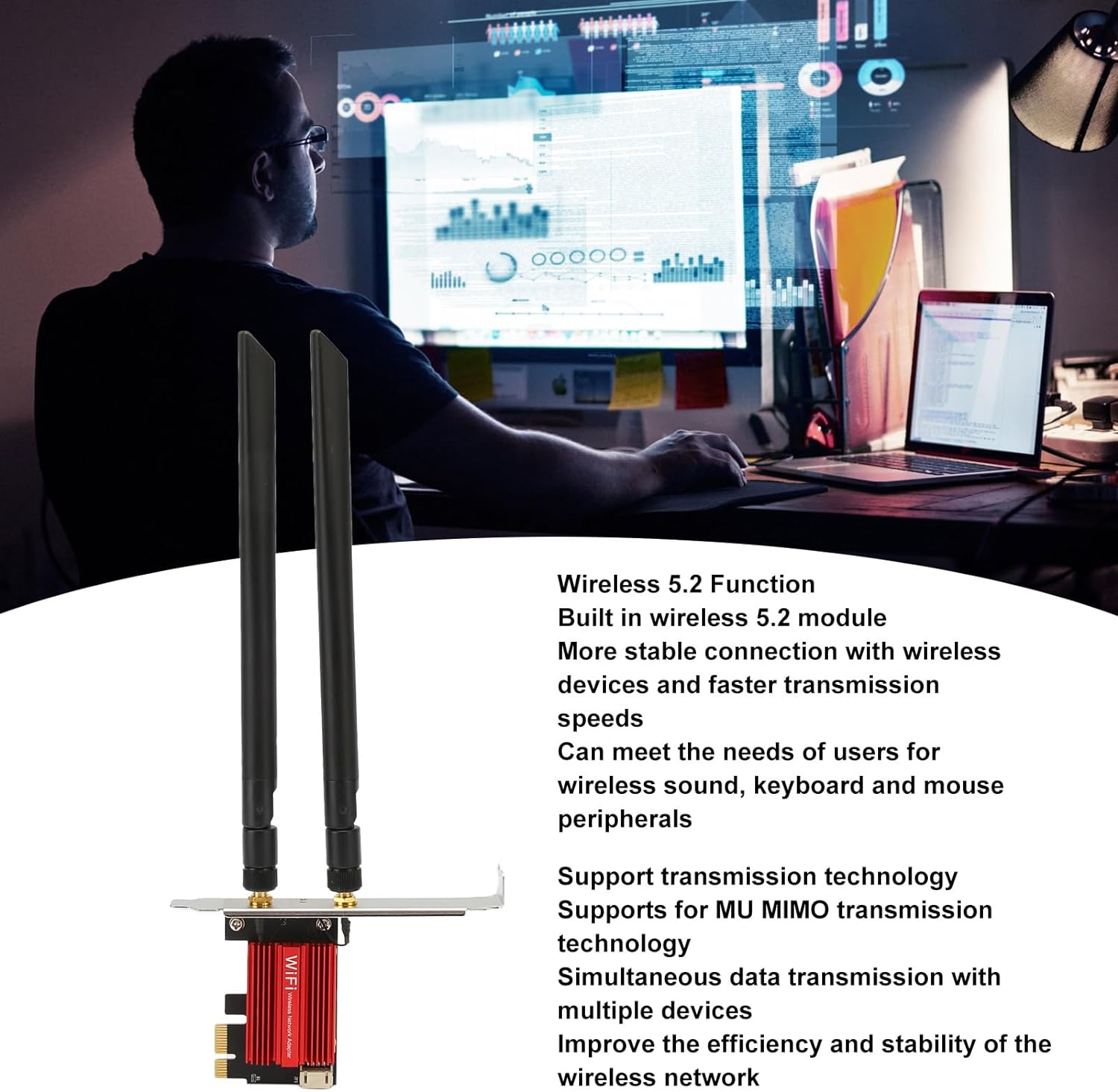 AX1800 Pro WIFI6 PCIE Network Card, 1800Mbps Bluetooth Dual Antenna PCIE Adapter Network Card for Desktop PC, PCIE X16 Expansion Card for HD Video Online Games image number 3