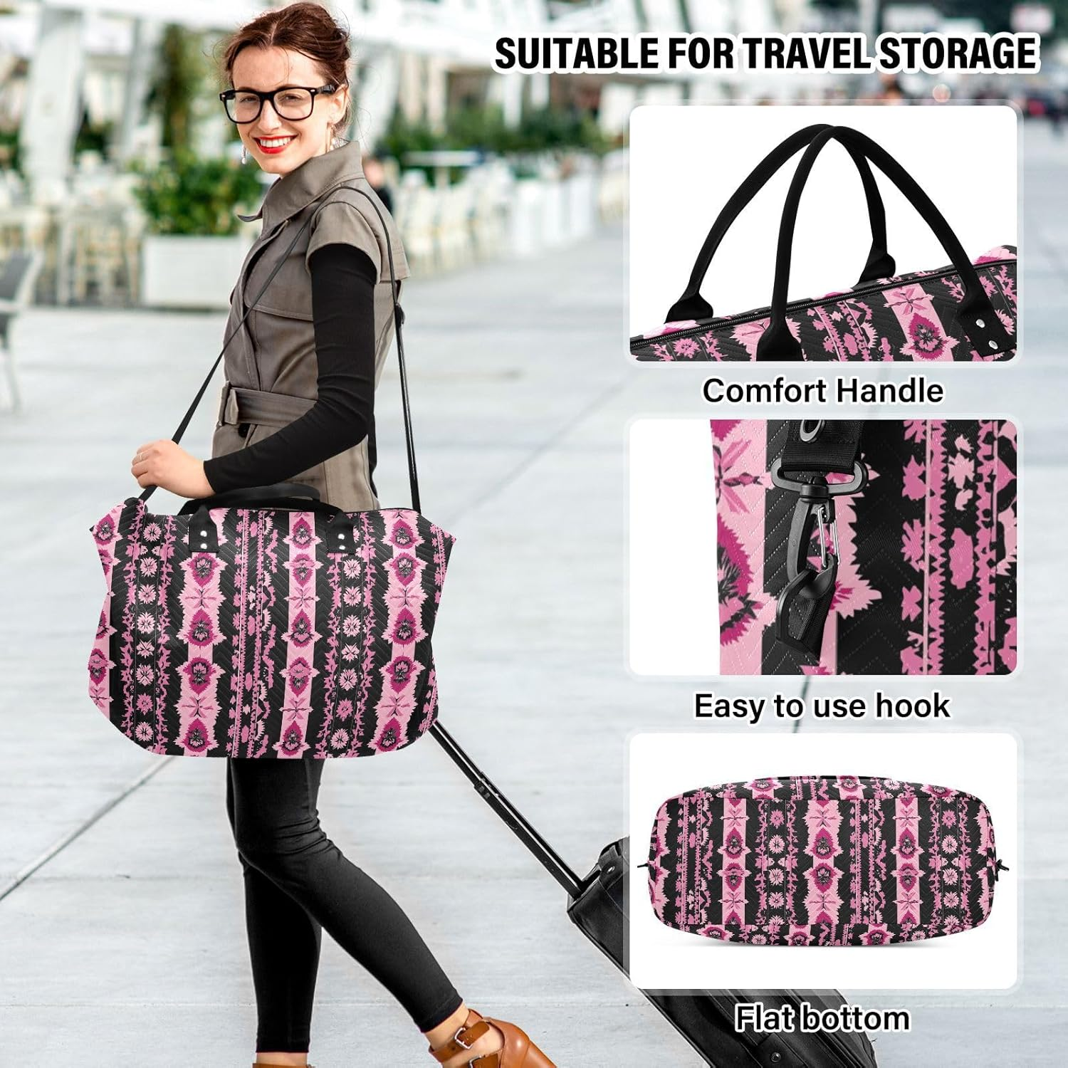 Duffel Bags Travel Weekender Gear Bag Gym Duffel Bag with Adjustable Strap for Trip Foldable, Vintage Boho Style Pattern Black and Pink image number 2