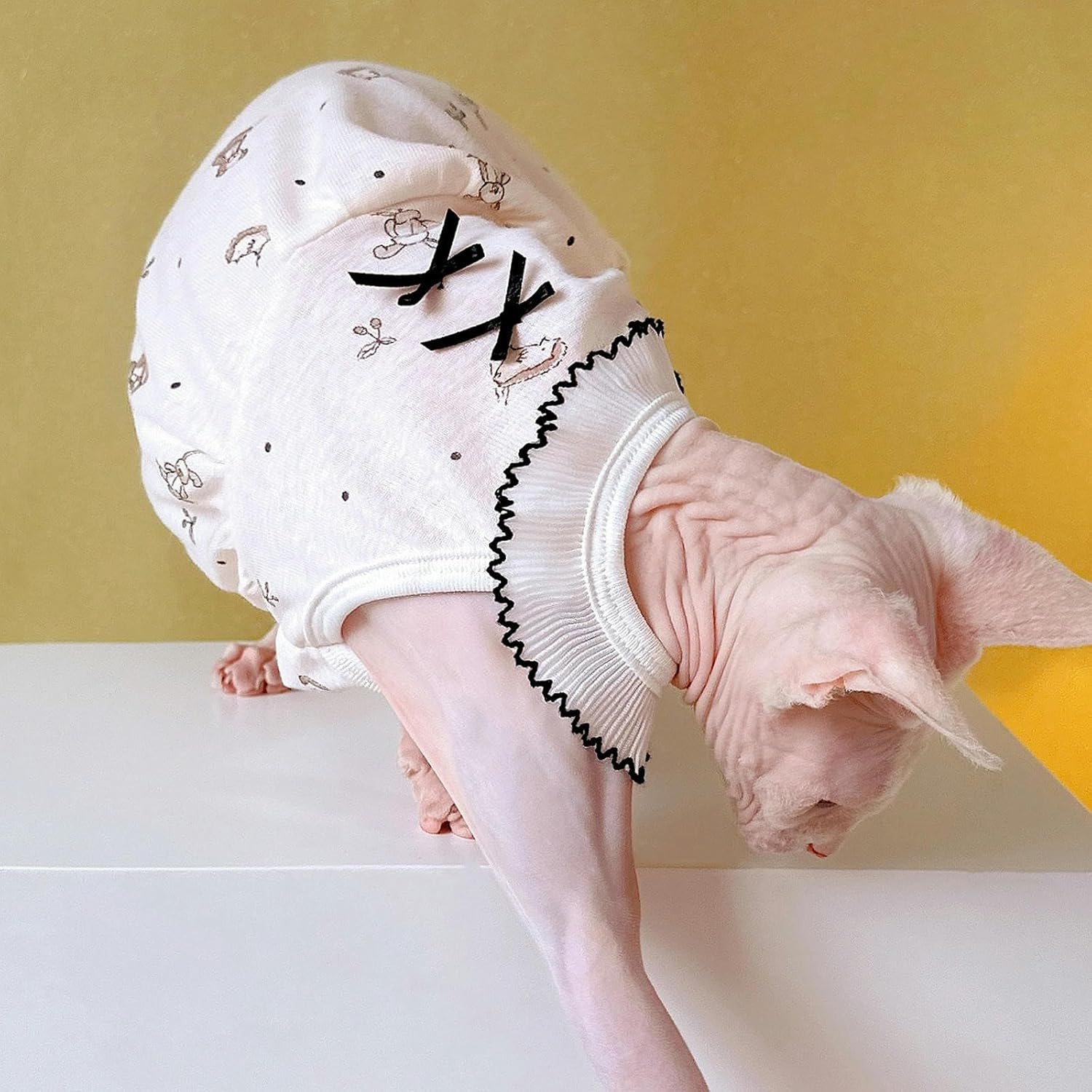 IUOUTG Sphynx Cat Clothes Hairless Cat T-Shirts Soft Cotton Cat Vest with Bow Tie Cute Kittens Princess Dress with Cartoon Print for Cats & Small Dogs Summer Puppy Apparel image number 4