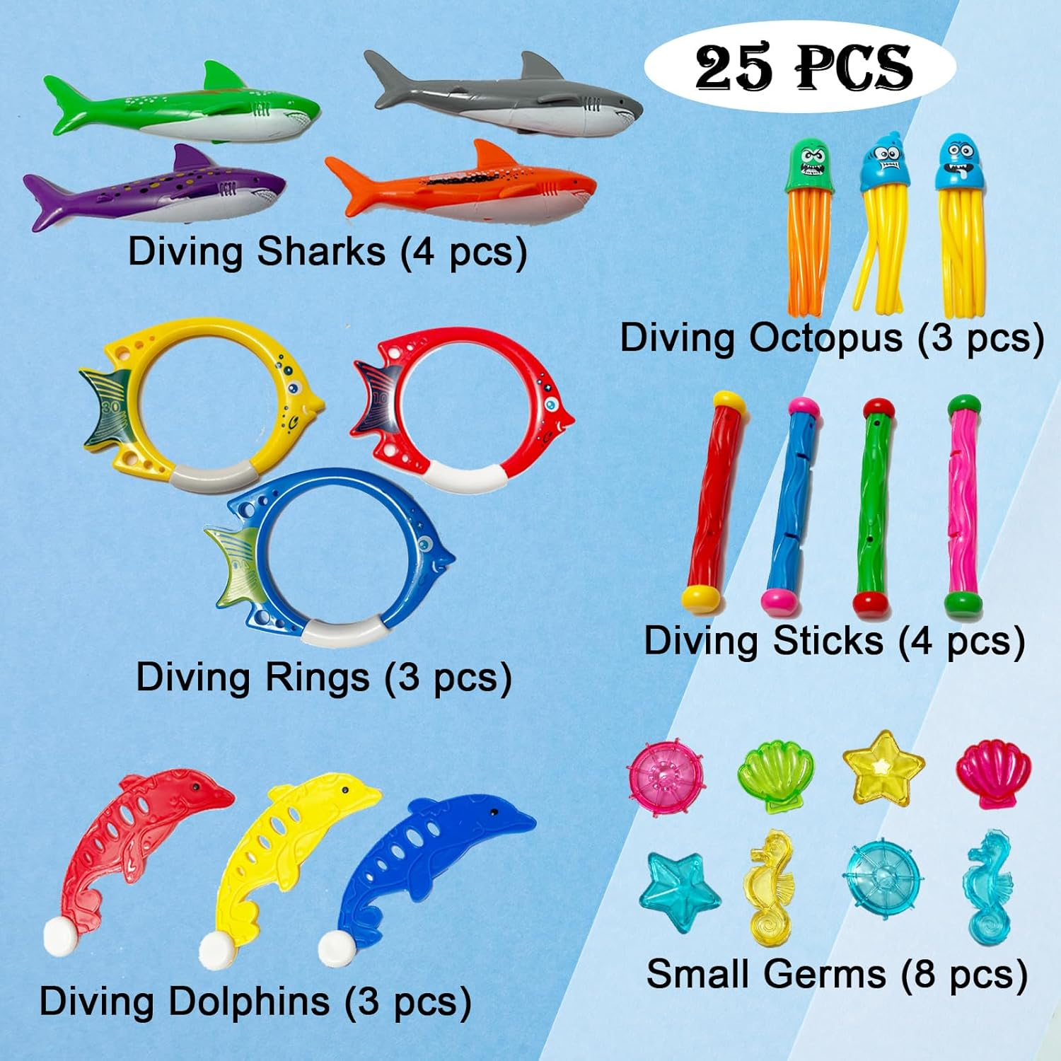 25Pcs Diving Pool Toys Set with Diving Stick Shark Diving Rings Gemstone Dolphin Underwater Swimming Pool Toys for Diving Game Kit with a Storage Net Bag image number 5