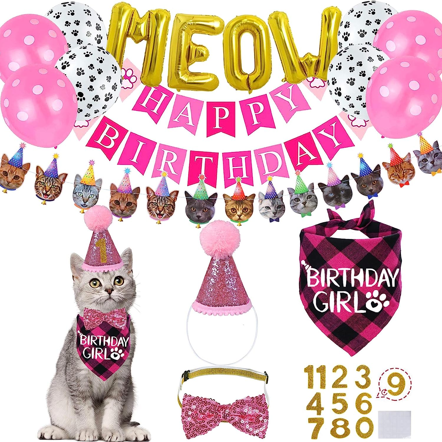 STMK Cat Birthday Decorations, Cat Birthday Hat with Number Bandana Bow Tie Collar for Cats Kittens Apparel Birthday Outfits